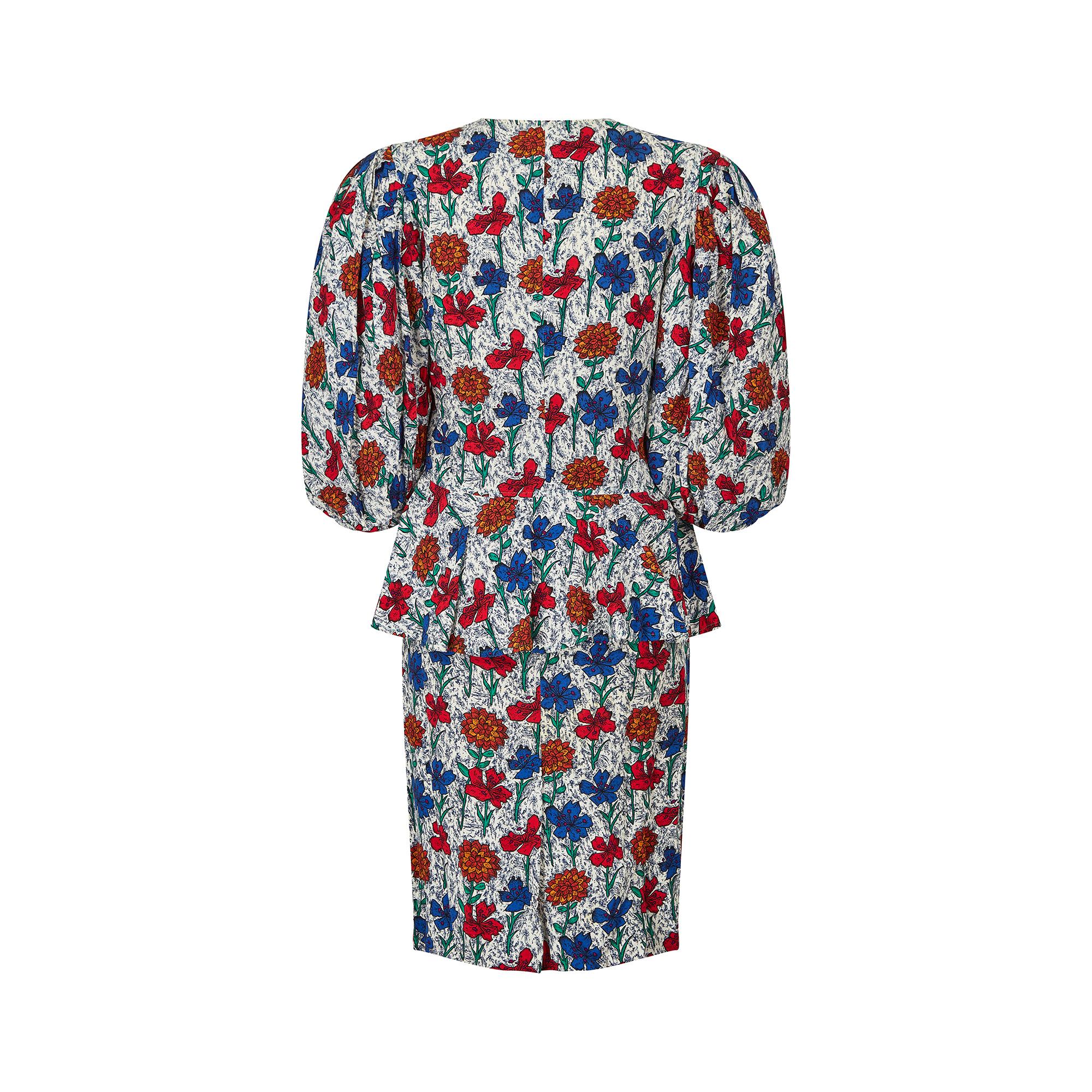 1980s Jean Muir Floral Cotton Peplum Skirt Suit In Excellent Condition For Sale In London, GB