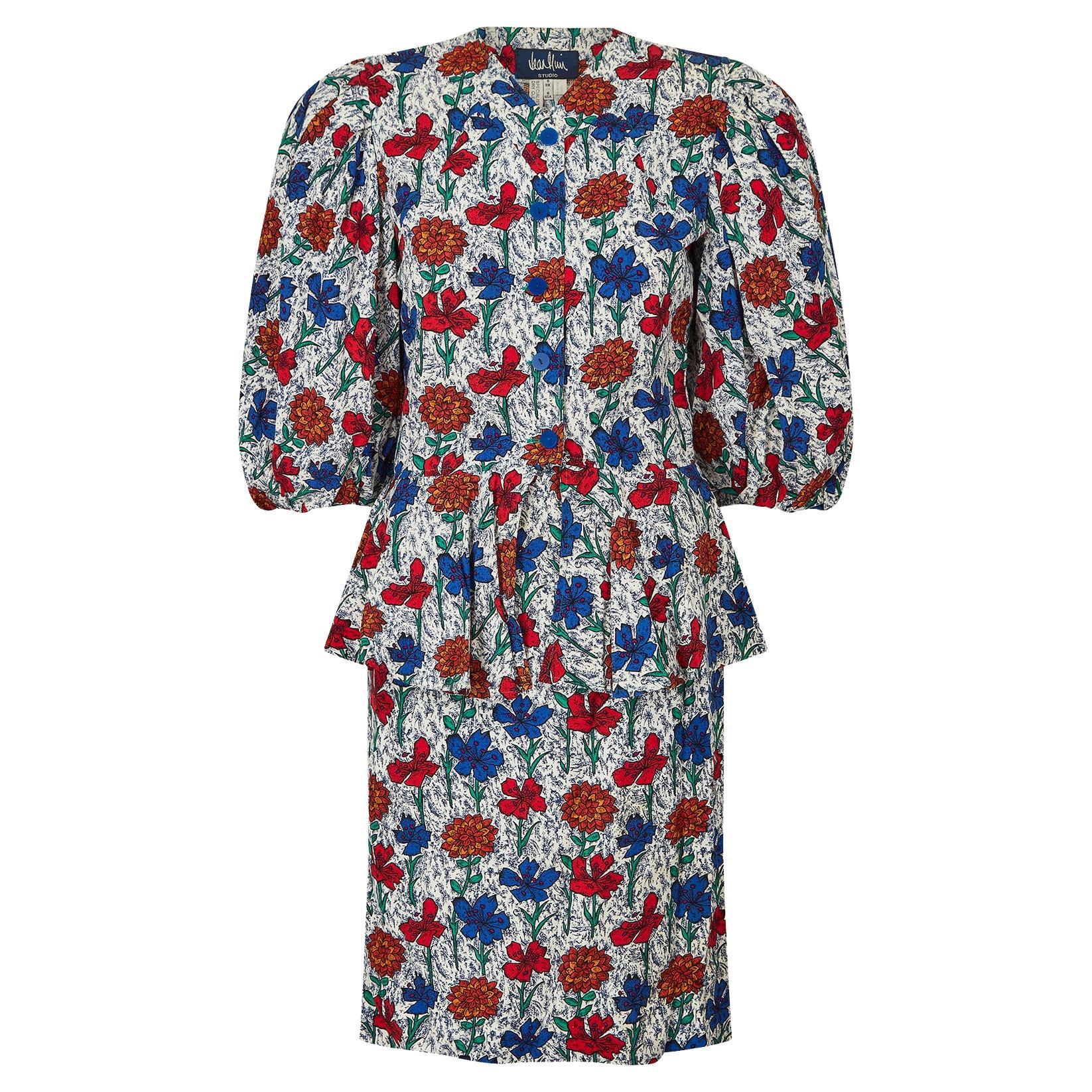 Abito anni '80 con gonna a peplo in cotone floreale di Jean Muir