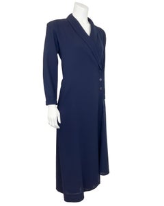 1980's Jean Muir Navy Blue Wool Crepe Asymmetrical Coat-Dress