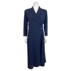 1980's Jean Muir Navy Blue Wool Crepe Asymmetrical Coat-Dress