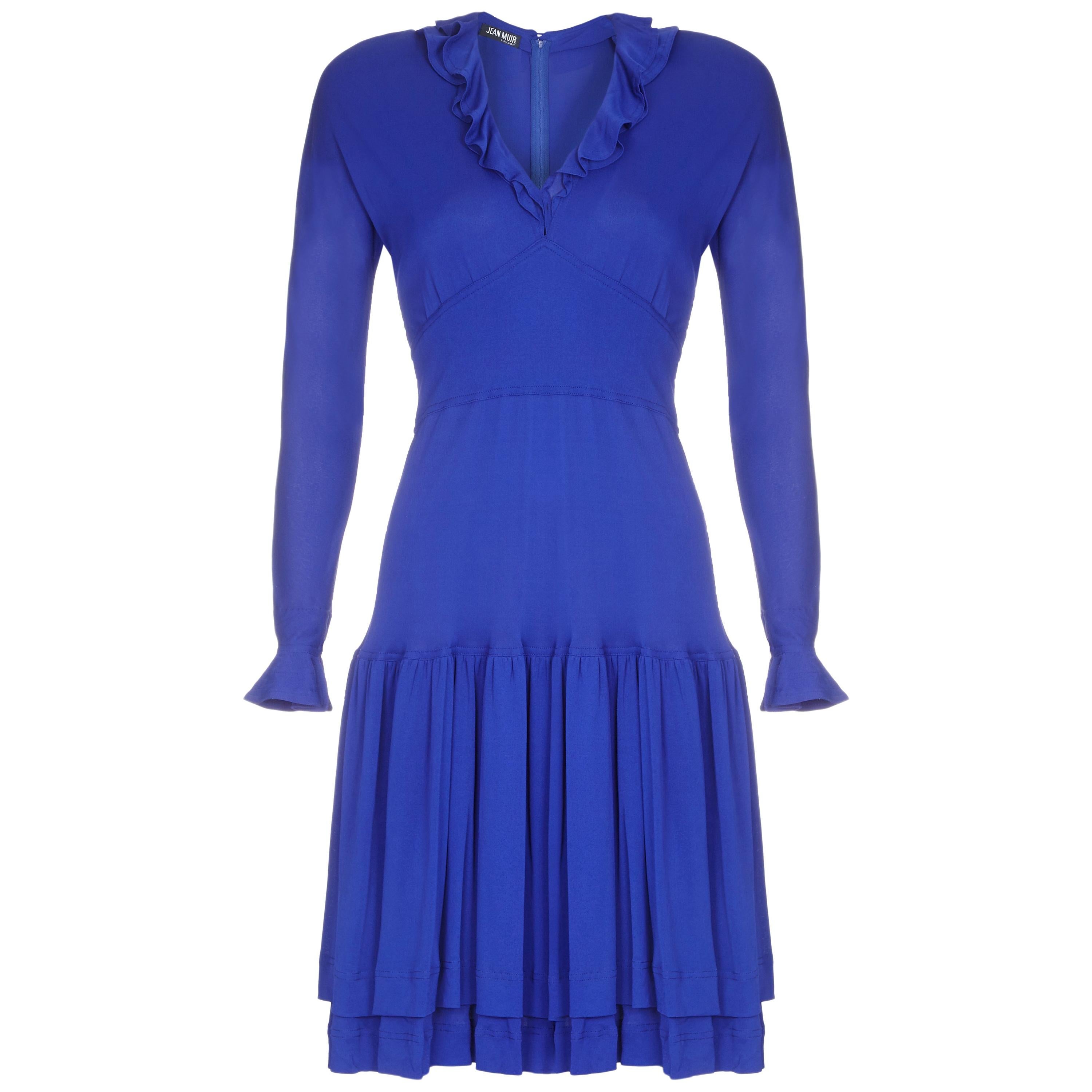 1980s Jean Muir Royal Blue Jersey Dress With Ruffle Trim