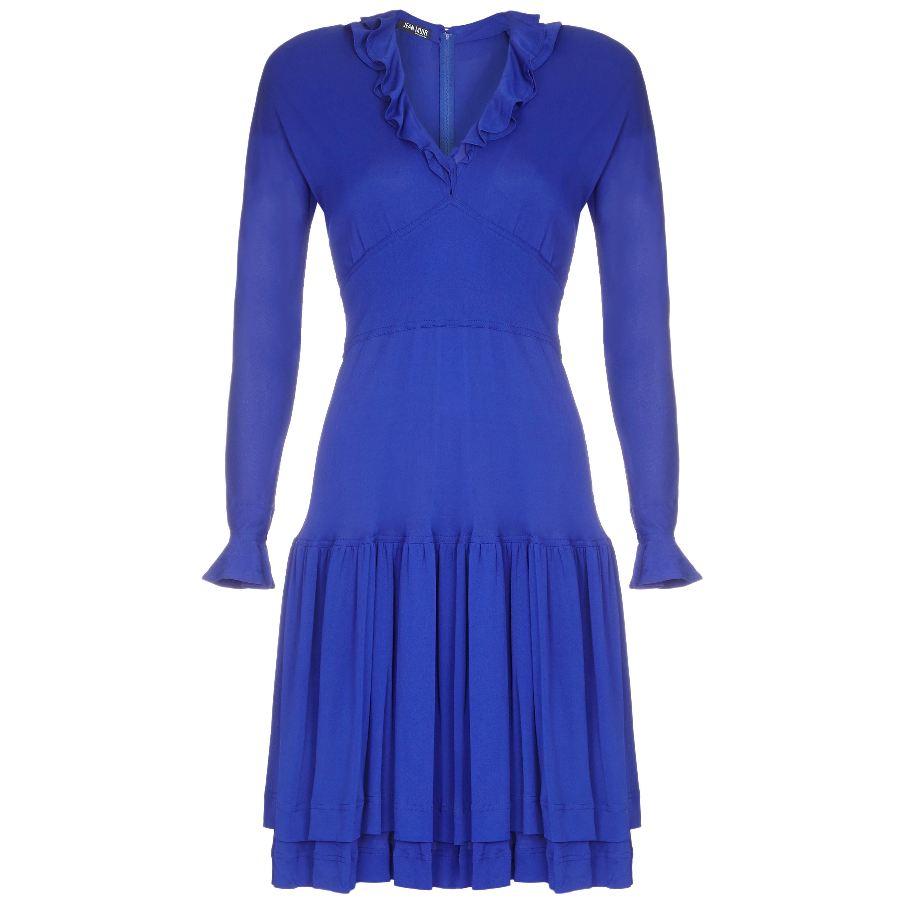 1980s Jean Muir Royal Blue Jersey Dress With Ruffle Trim For Sale