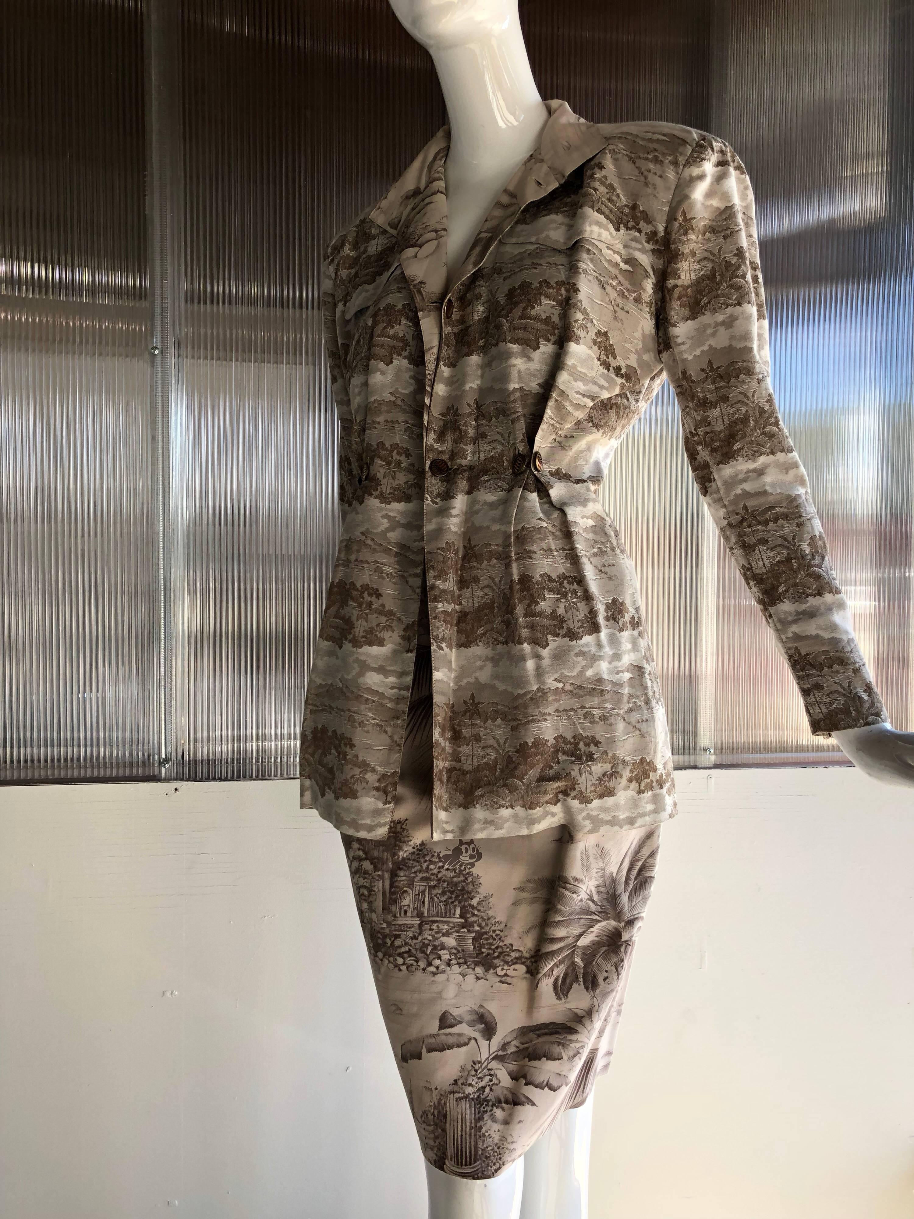 Gray 1980s Jean-Paul Gaultier 2-Piece English Toile Print Safari-Style Skirt Suit