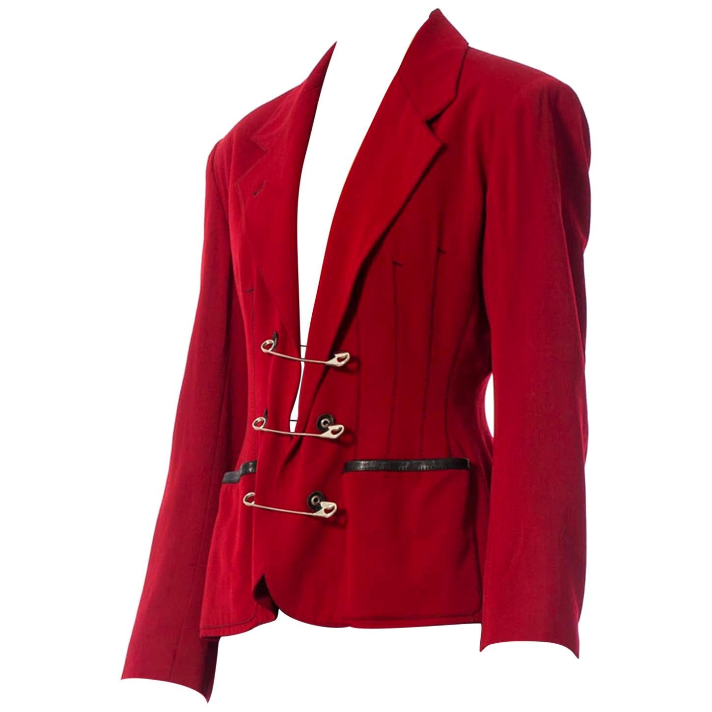 1980S JEAN PAUL GAULTIER Red Wool Very Rare Jacket With Leather And Oversized S