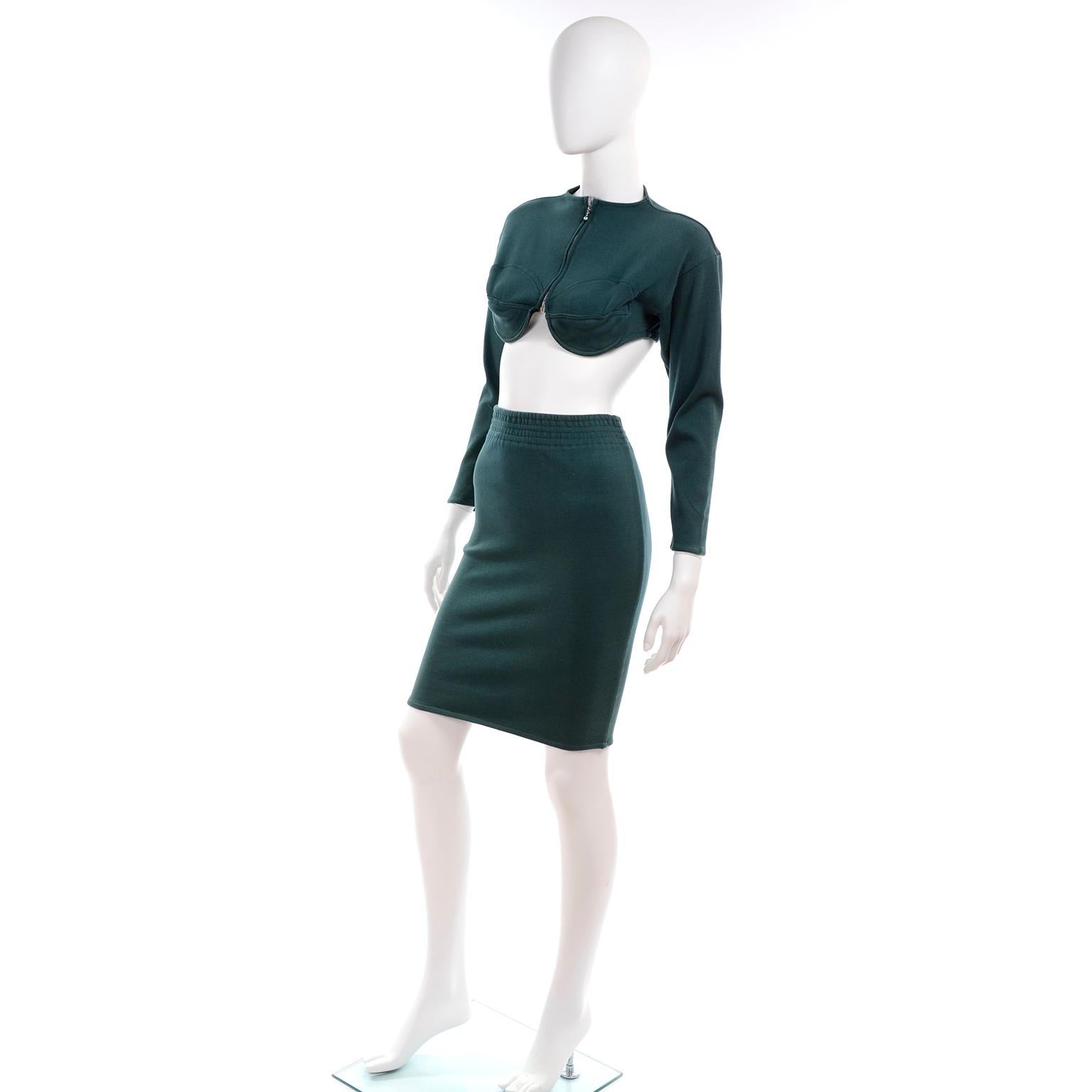Black 1980s Jean Paul Gaultier Vintage Cone Bust Cropped Top & Skirt 2 pc Green Dress