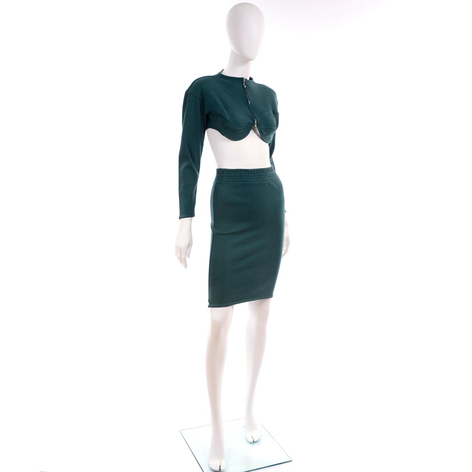 Women's 1980s Jean Paul Gaultier Vintage Cone Bust Cropped Top & Skirt 2 pc Green Dress