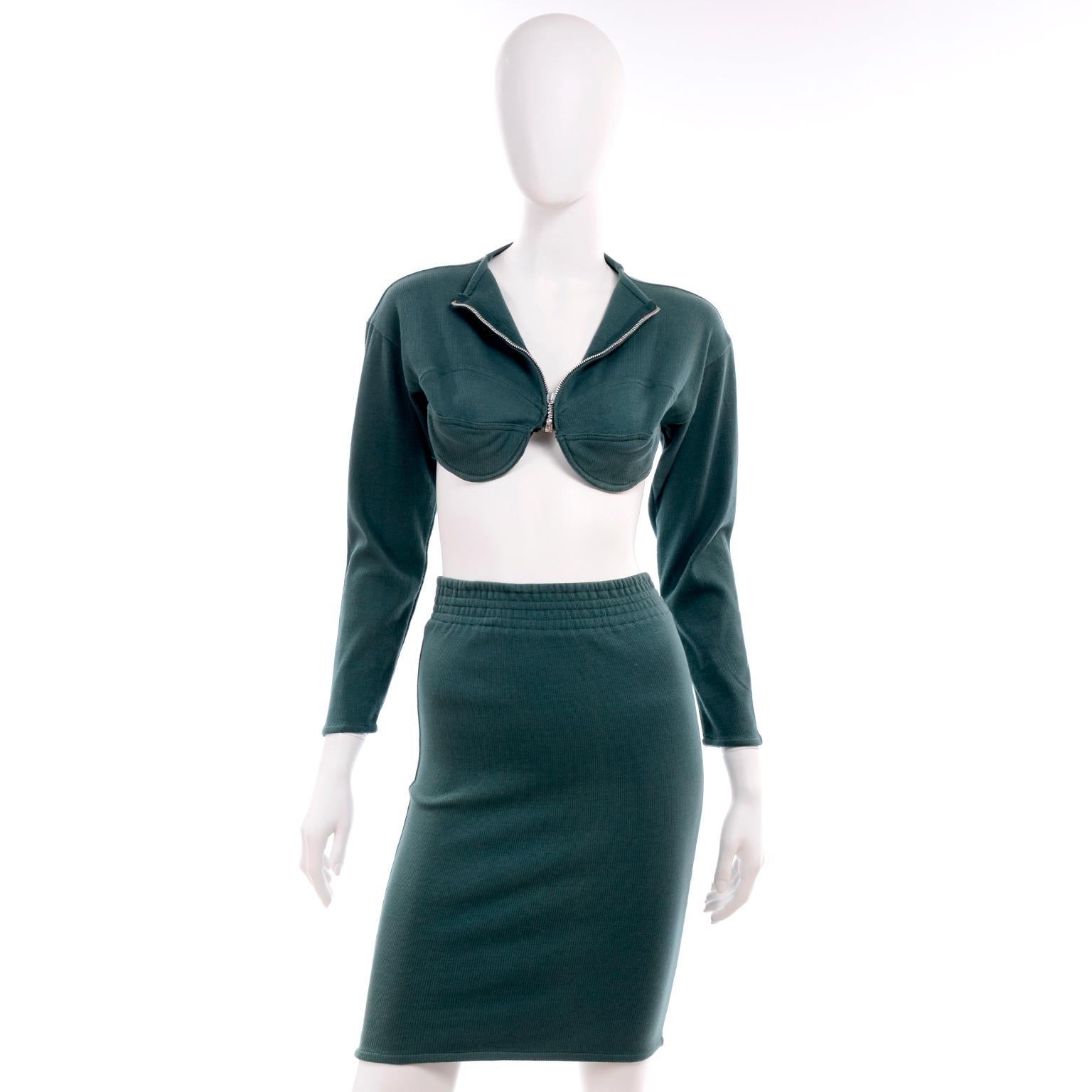 1980s Jean Paul Gaultier Vintage Cone Bust Cropped Top & Skirt 2 pc Green Dress 1