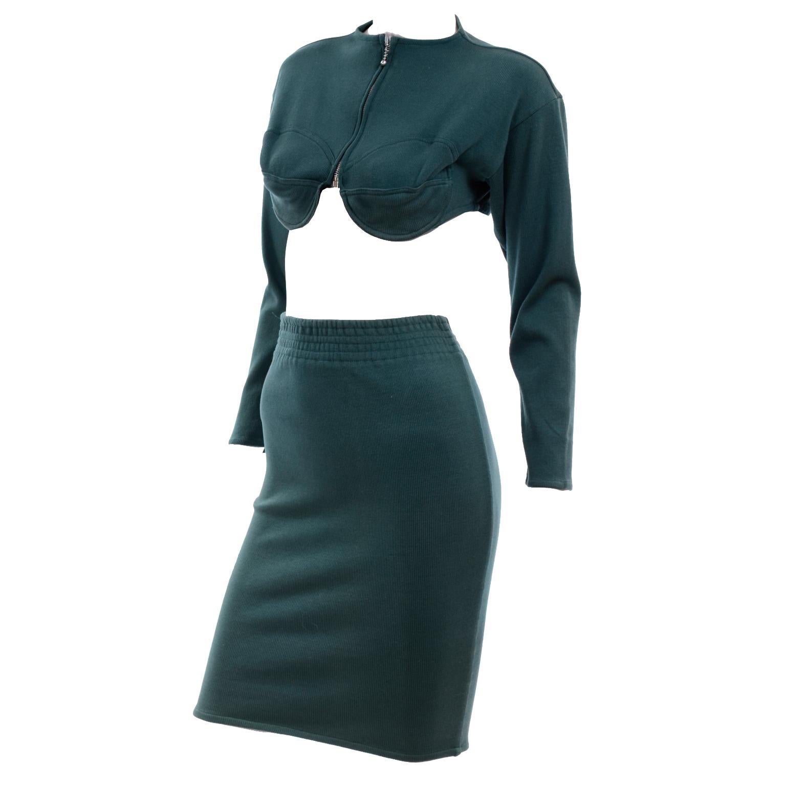 1980s Jean Paul Gaultier Vintage Cone Bust Cropped Top & Skirt 2 pc Green Dress 2