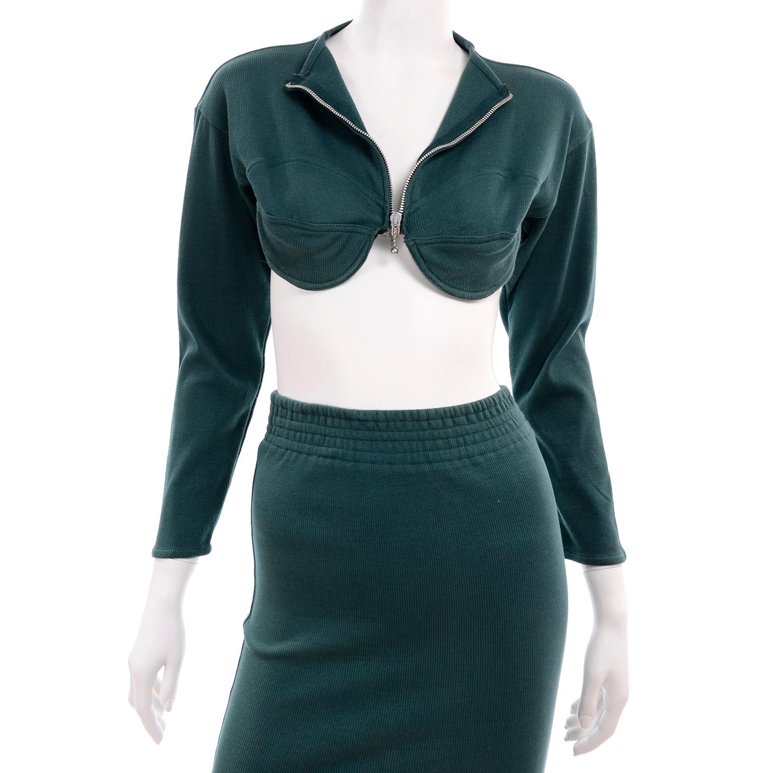 1980s Jean Paul Gaultier Vintage Cone Bust Cropped Top & Skirt 2 pc Green Dress 3