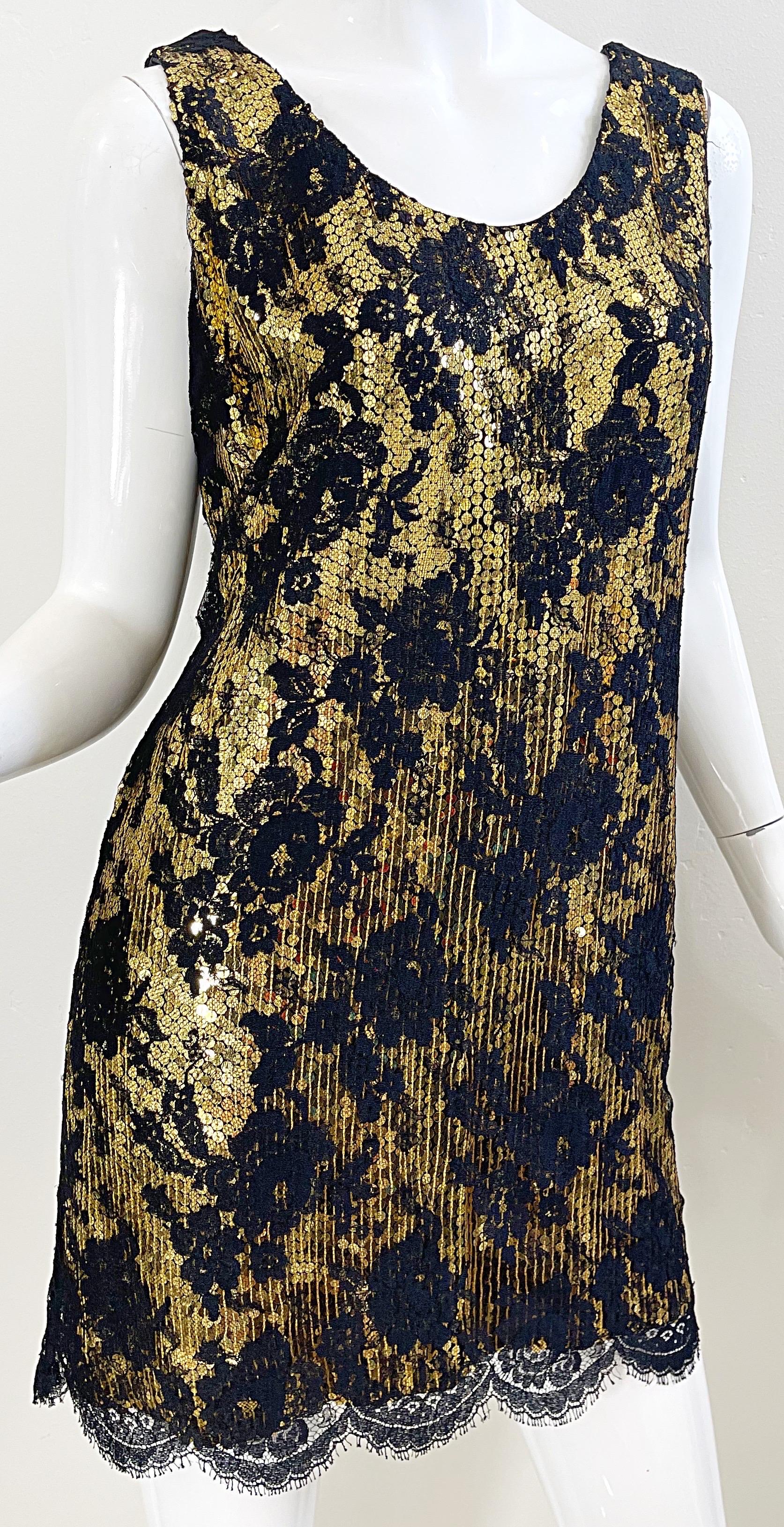 Vestido Flapper Vintage Años 80 Jeanette Kastenberg Lentejuelas Doradas Encaje Negro en venta 6