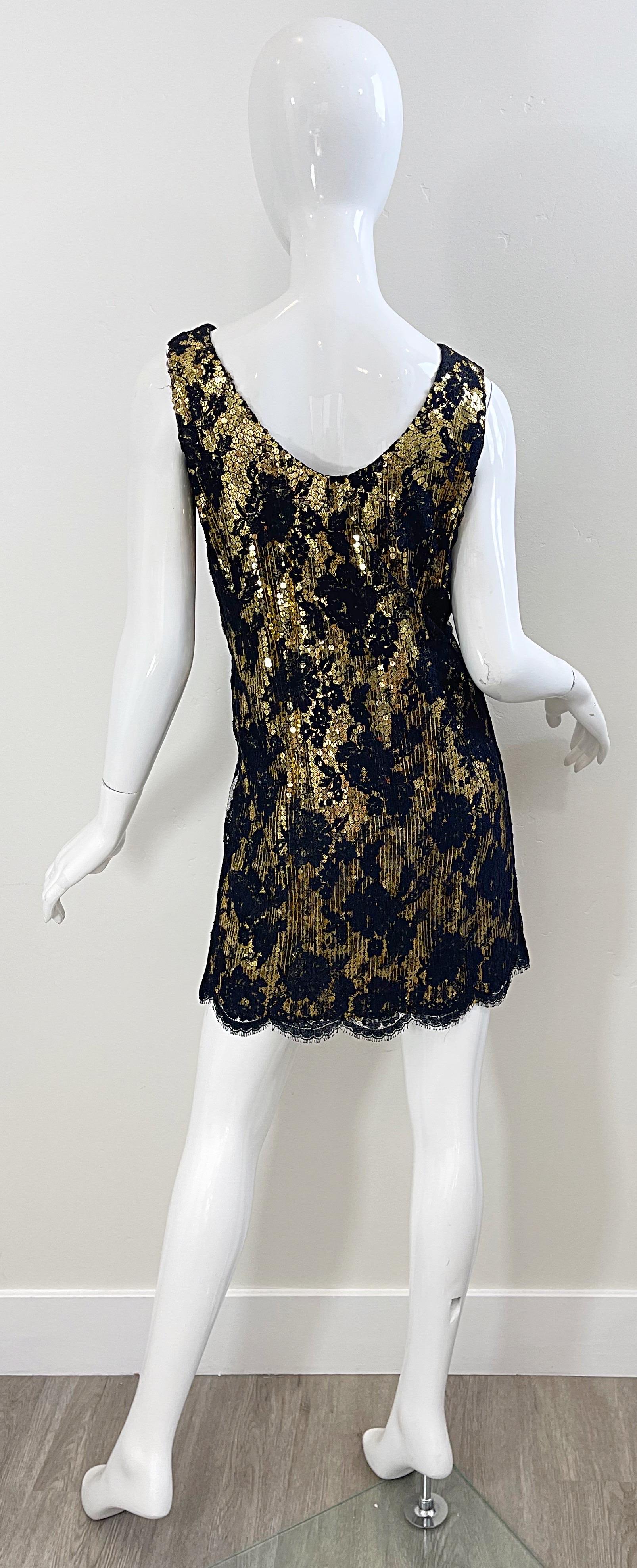 1980s Jeanette Kastenberg Gold Sequins Black Lace Vintage 80s Flapper Dress  For Sale 4