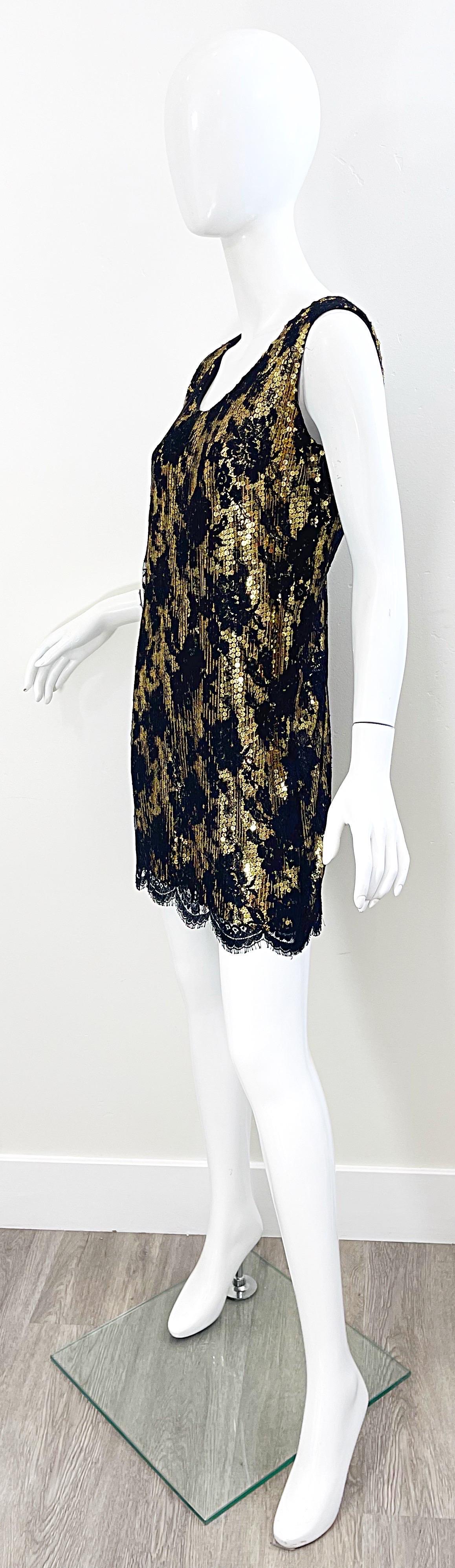 Vestido Flapper Vintage Años 80 Jeanette Kastenberg Lentejuelas Doradas Encaje Negro en venta 8