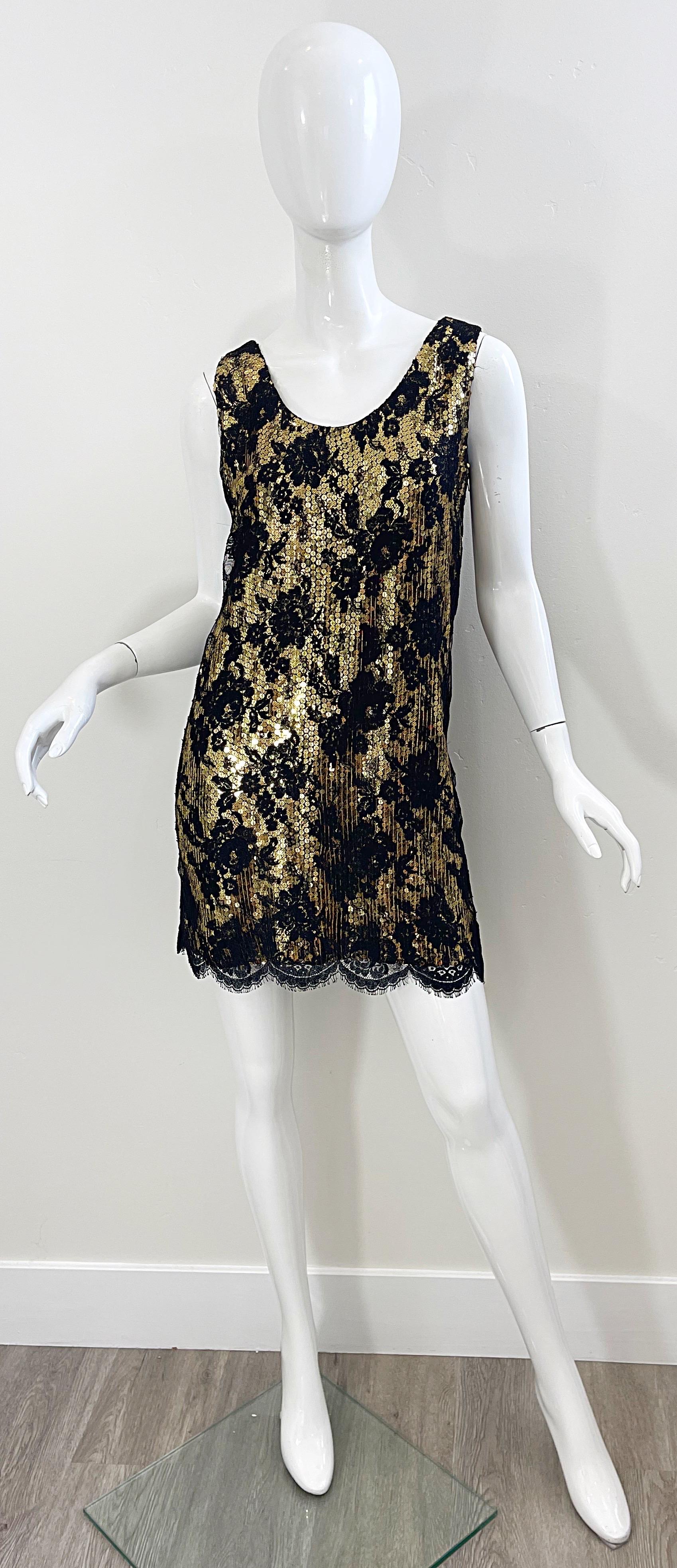 Vestido Flapper Vintage Años 80 Jeanette Kastenberg Lentejuelas Doradas Encaje Negro en venta 10