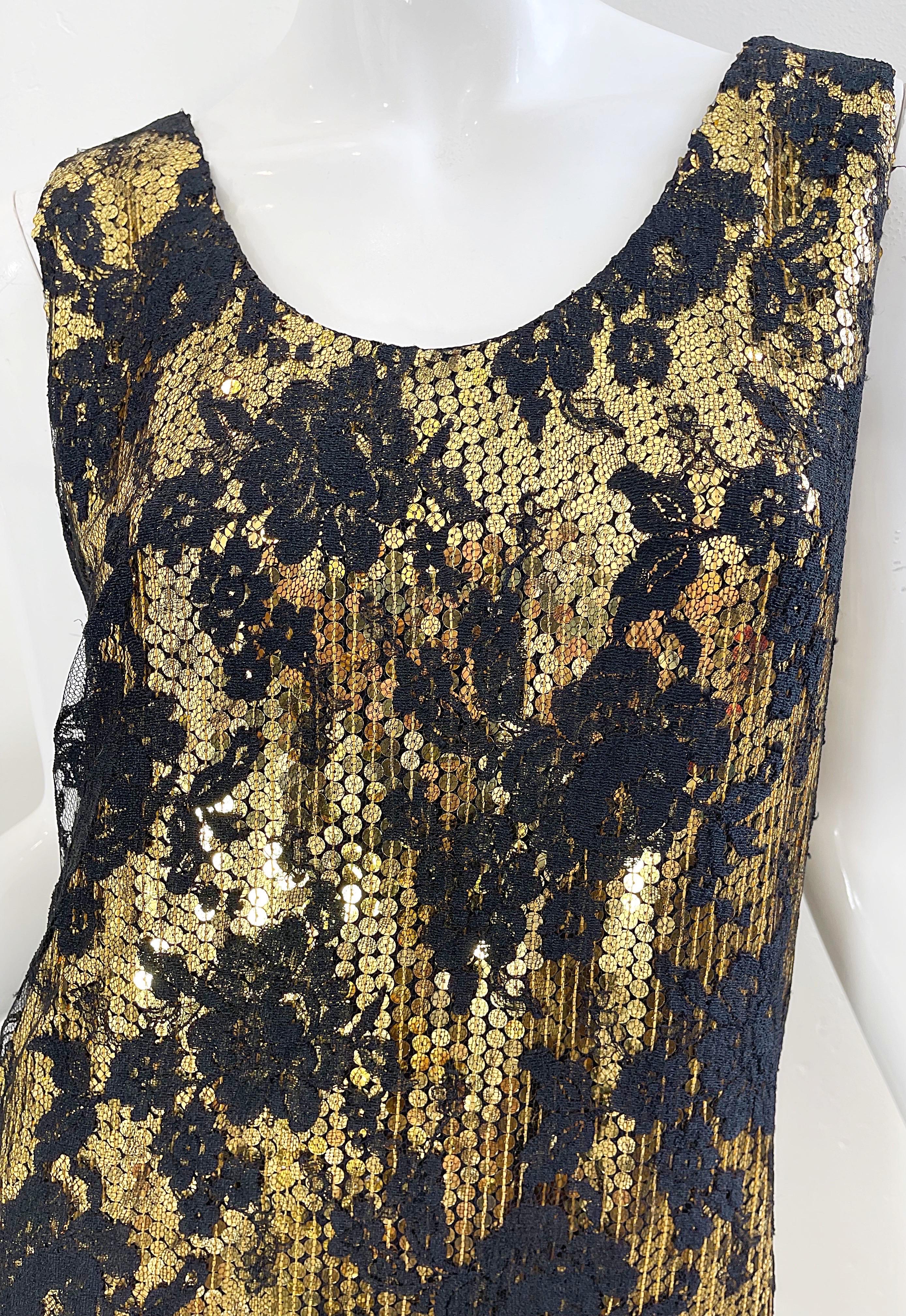 Pretty vintage 80s ( 1985 to be exact ) JEANETTE KASTENBERG 1920s 20s flapper style gold sequin cocktail dress with attached black lace overlay. Kastenberg’s collaboration with the St. Martin fashion line contains pieces that are very rare and often