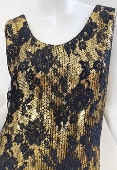 1980s Jeanette Kastenberg Gold Sequins Black Lace Vintage 80s Flapper Dress