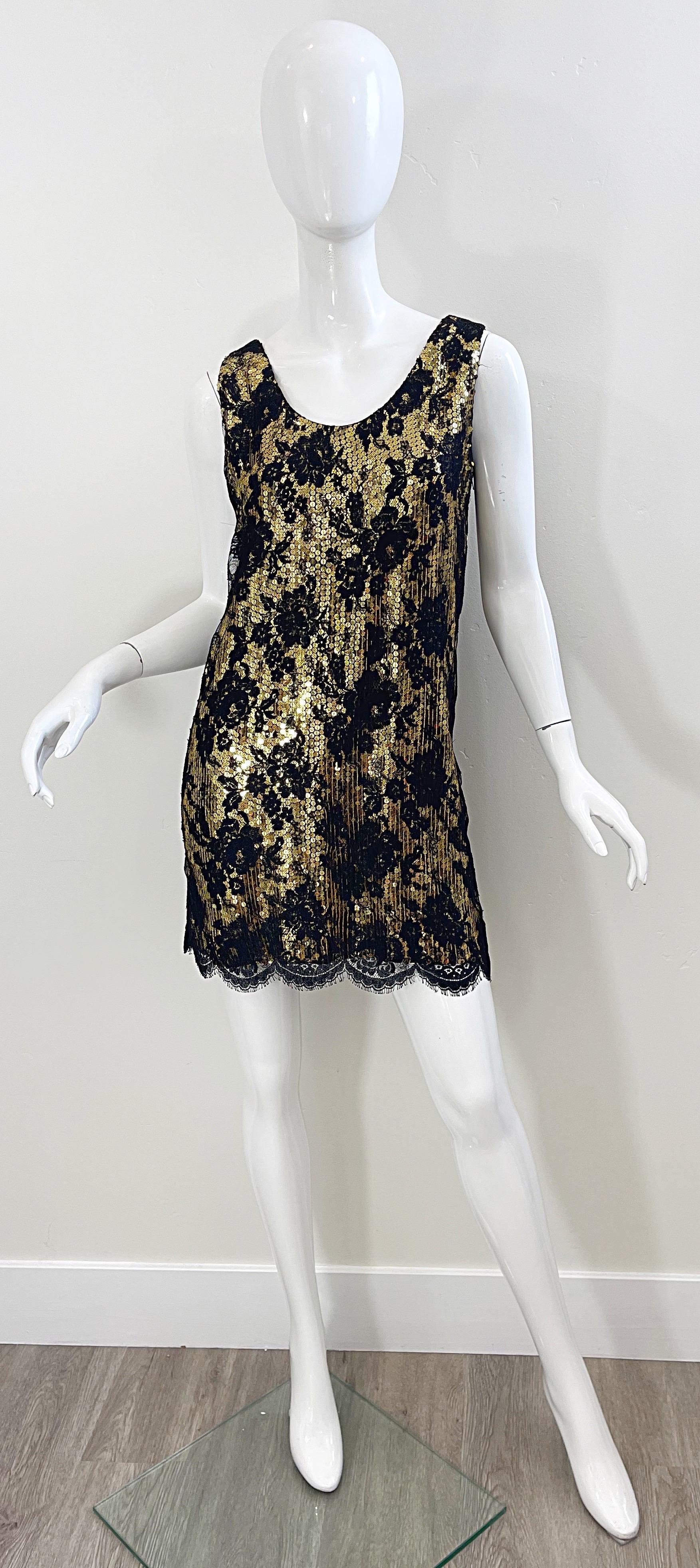 Vestido Flapper Vintage Años 80 Jeanette Kastenberg Lentejuelas Doradas Encaje Negro en Excelente estado para la venta en San Diego, CA