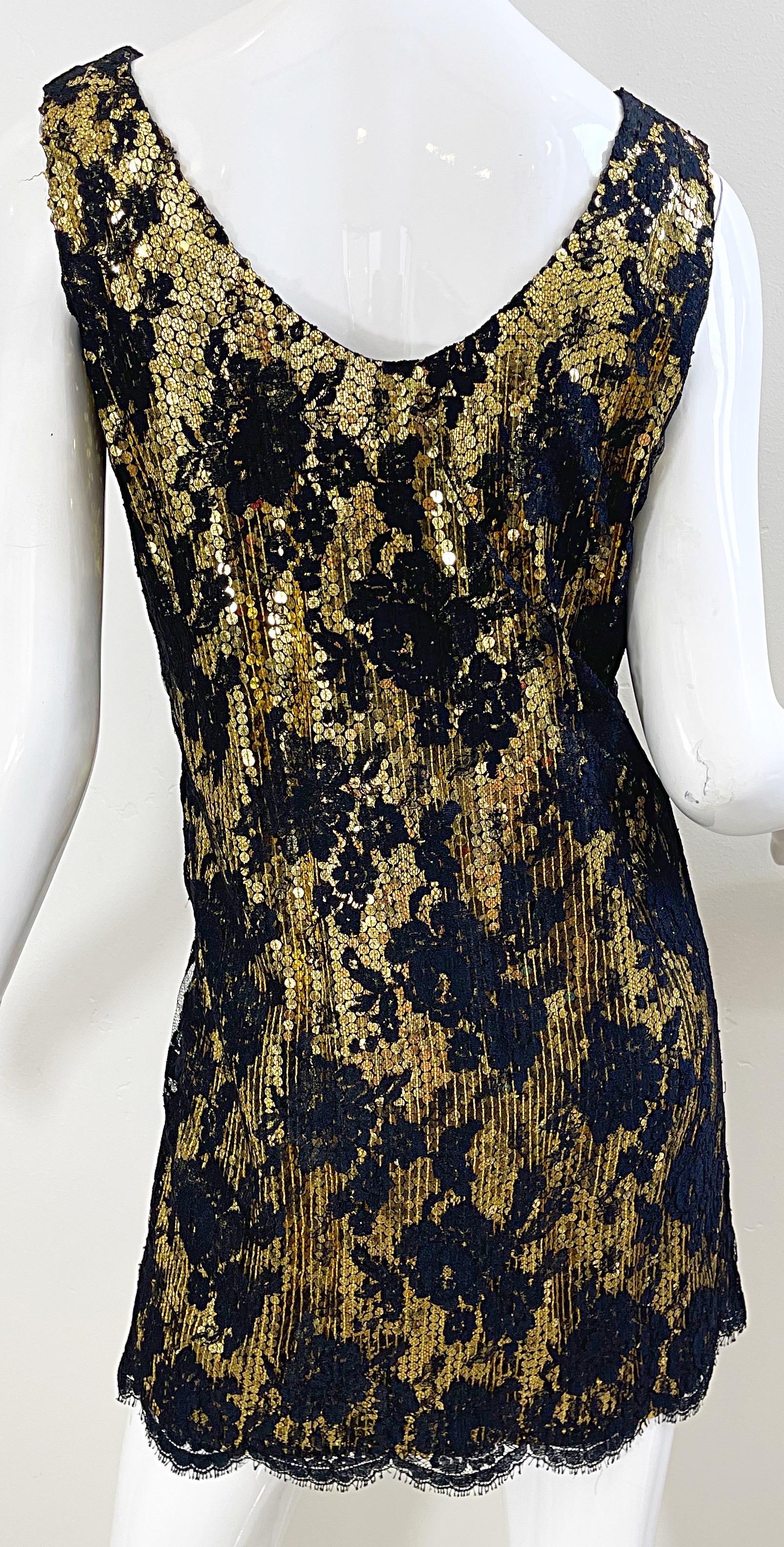 Vestido Flapper Vintage Años 80 Jeanette Kastenberg Lentejuelas Doradas Encaje Negro en venta 1