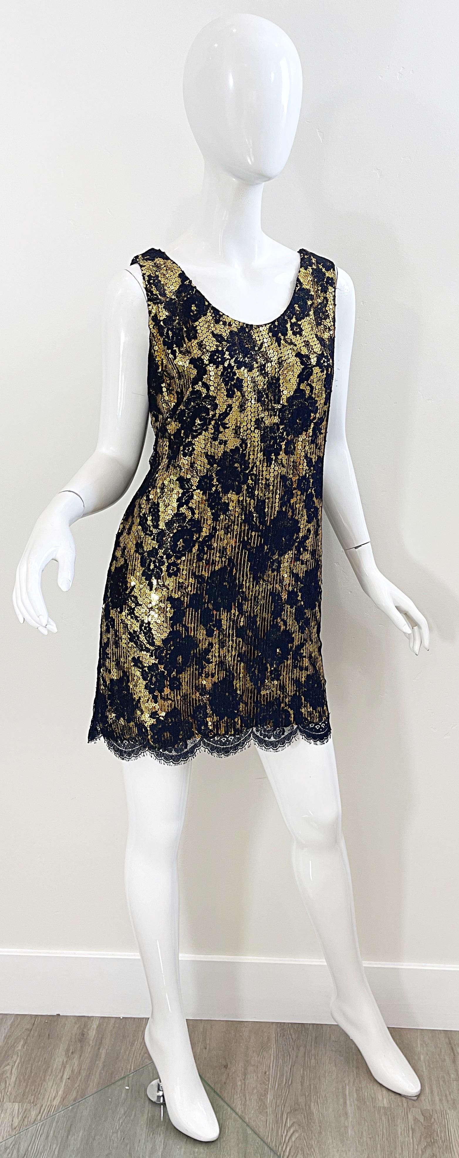 Women's 1980s Jeanette Kastenberg Gold Sequins Black Lace Vintage 80s Flapper Dress  For Sale