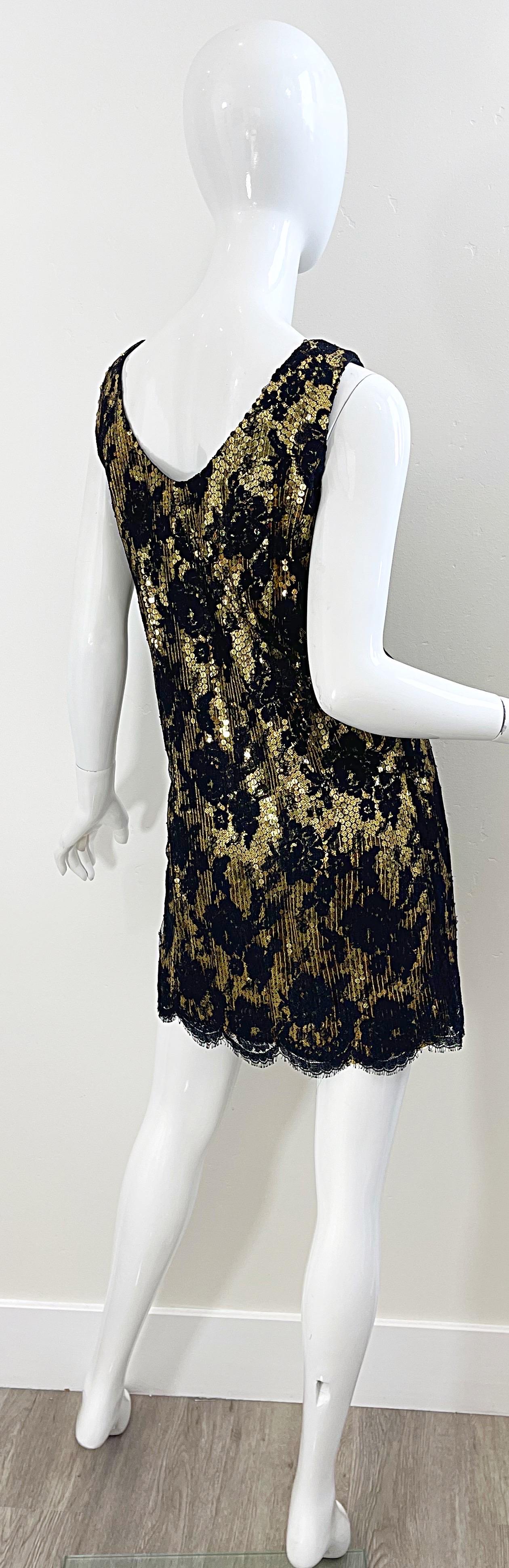 1980s Jeanette Kastenberg Gold Sequins Black Lace Vintage 80s Flapper Dress  For Sale 1