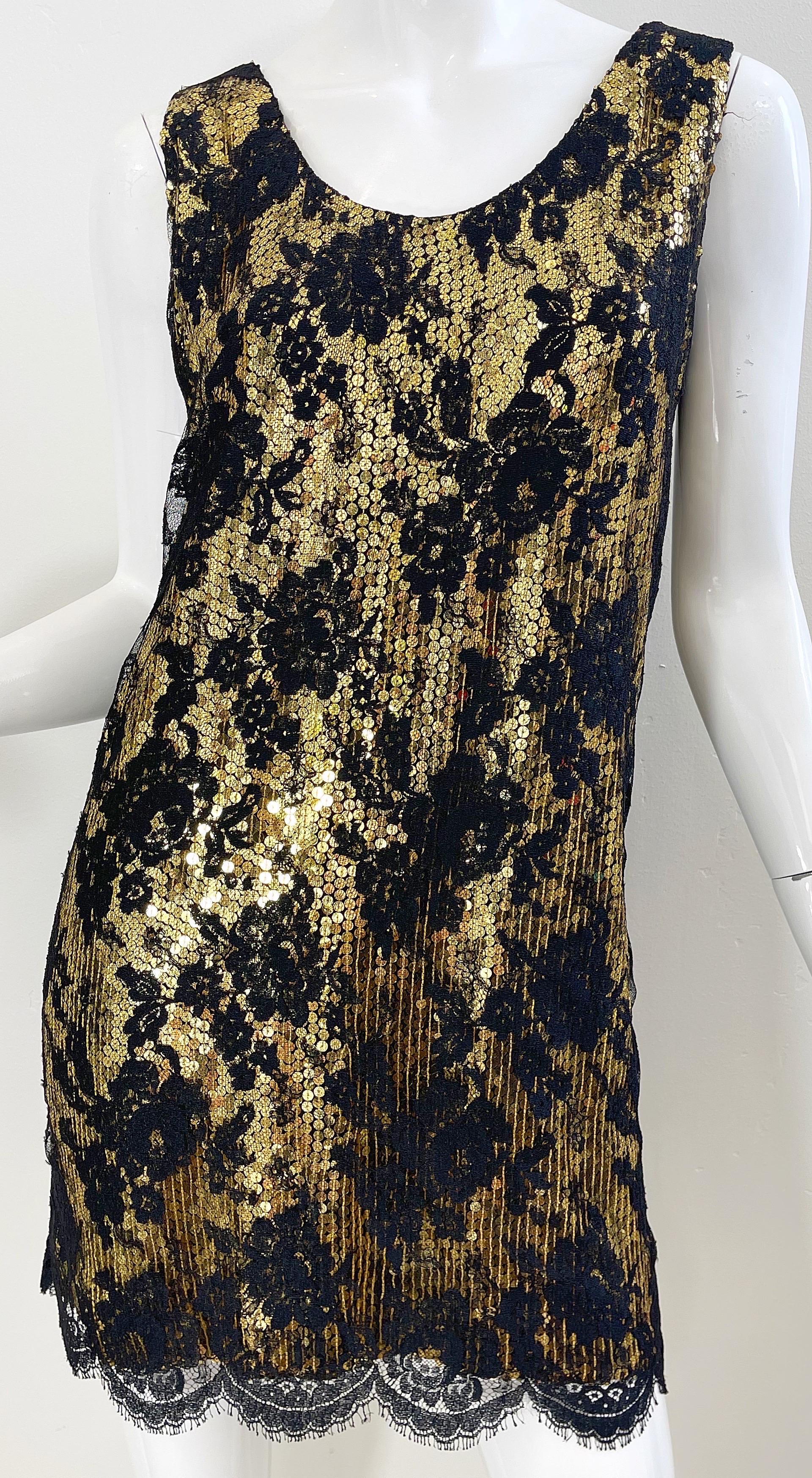 Vestido Flapper Vintage Años 80 Jeanette Kastenberg Lentejuelas Doradas Encaje Negro en venta 5