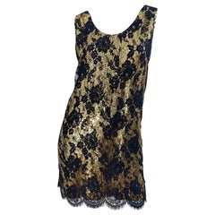 Robe de soirée vintage Jeanette Kastenberg en dentelle noire à sequins dorés (années 1980)