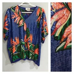 1980s  Jeanette Kastenberg Silk Sequin Beaded Trompe L’Oeil Top Blouse
