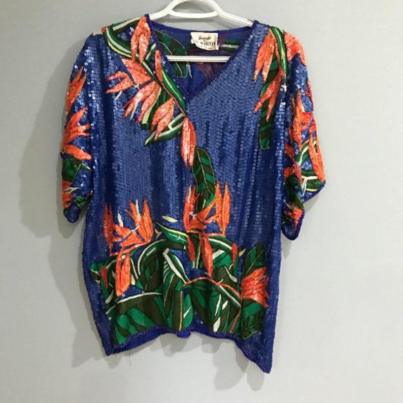 1980s  Jeanette Kastenberg Silk Sequin Beaded Trompe L’Oeil Top Blouse For Sale 4