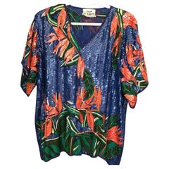 1980s  Jeanette Kastenberg Seiden-Pailletten-Perlen-Trompe L'Oeil Top Bluse