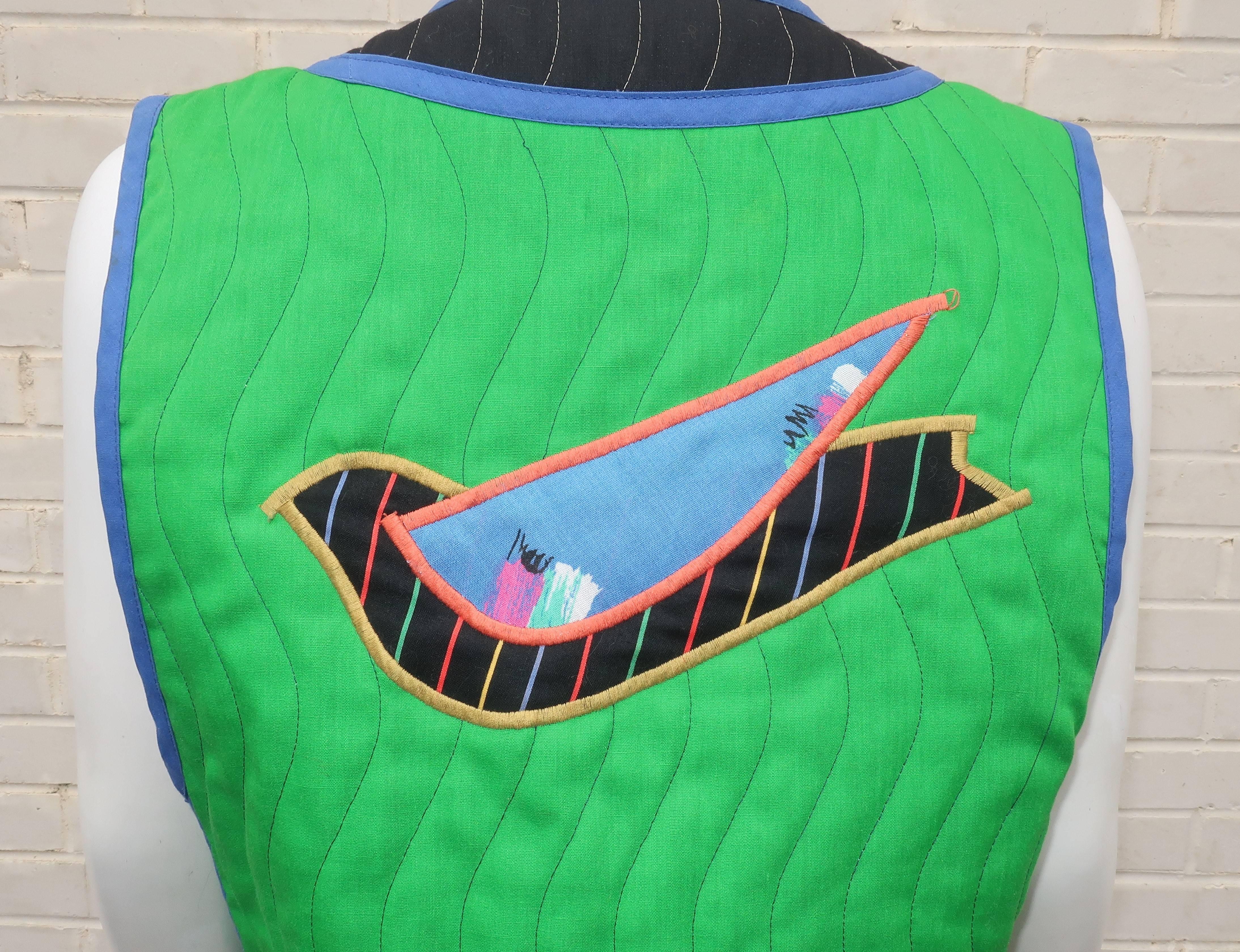 Green 1980's Jeanne Marc Quilted Bird Vest