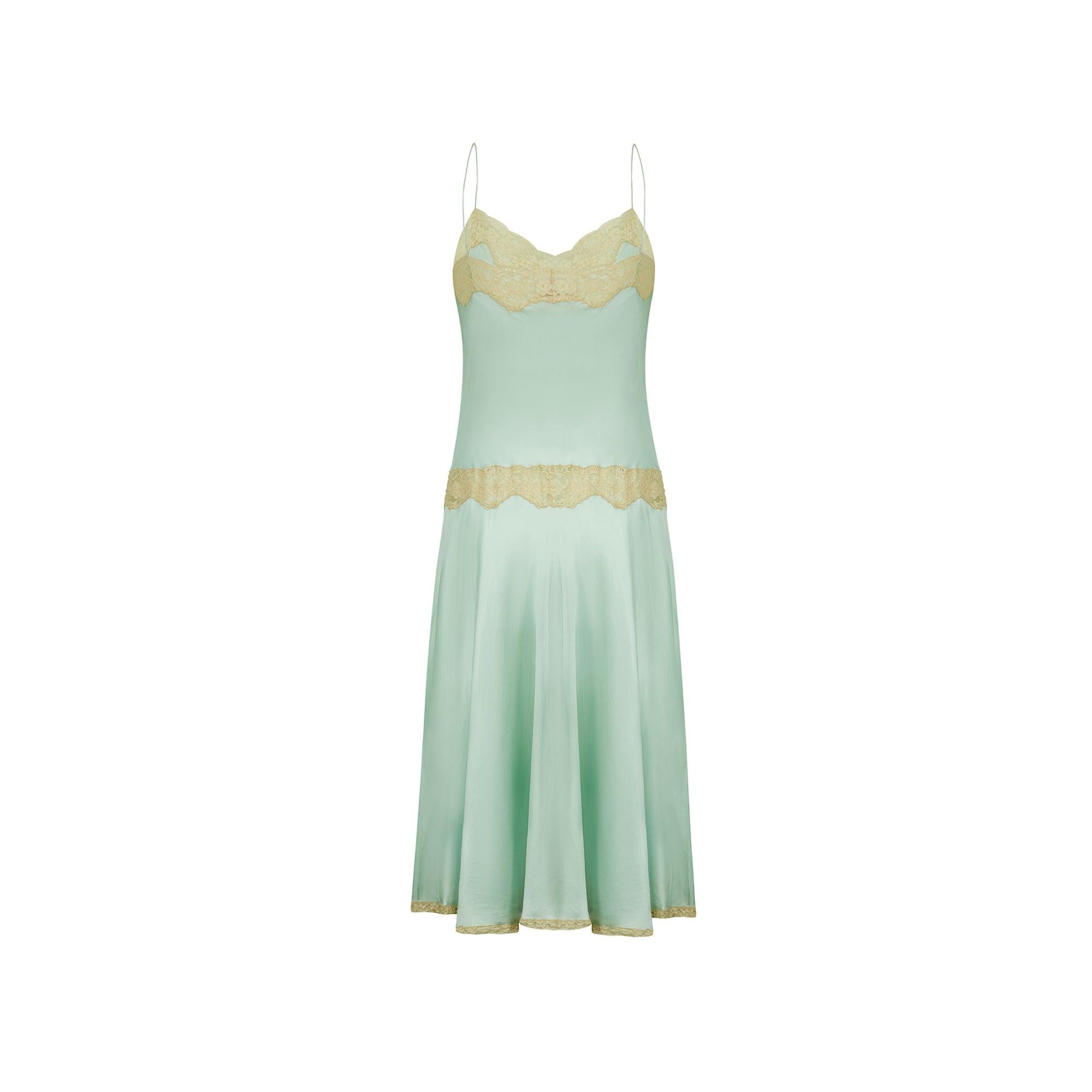 1980s Jenny Dobell Seafoam Green and Lace Slip Dress In Excellent Condition For Sale In London, GB