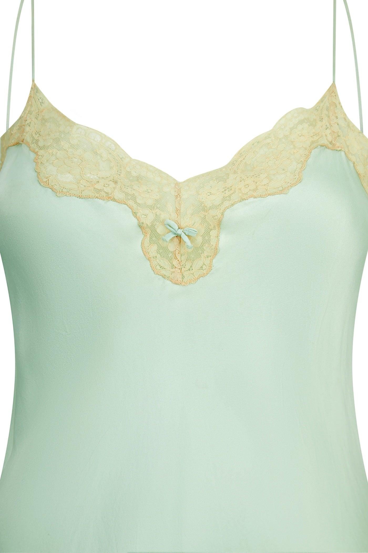 Women's 1980s Jenny Dobell Seafoam Green and Lace Slip Dress For Sale