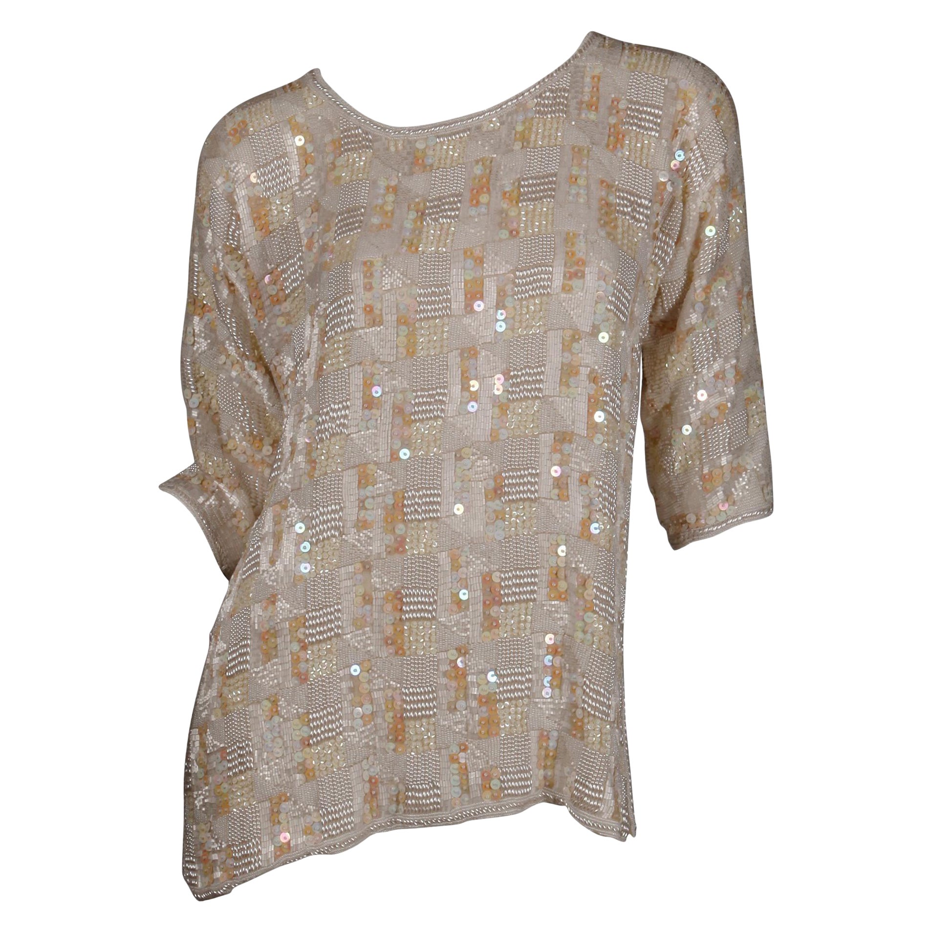 Jenny Lewis, anni 
80, Vintage Metallic White Sequin + Pearl Beaded Dress Top/ Shirt in vendita