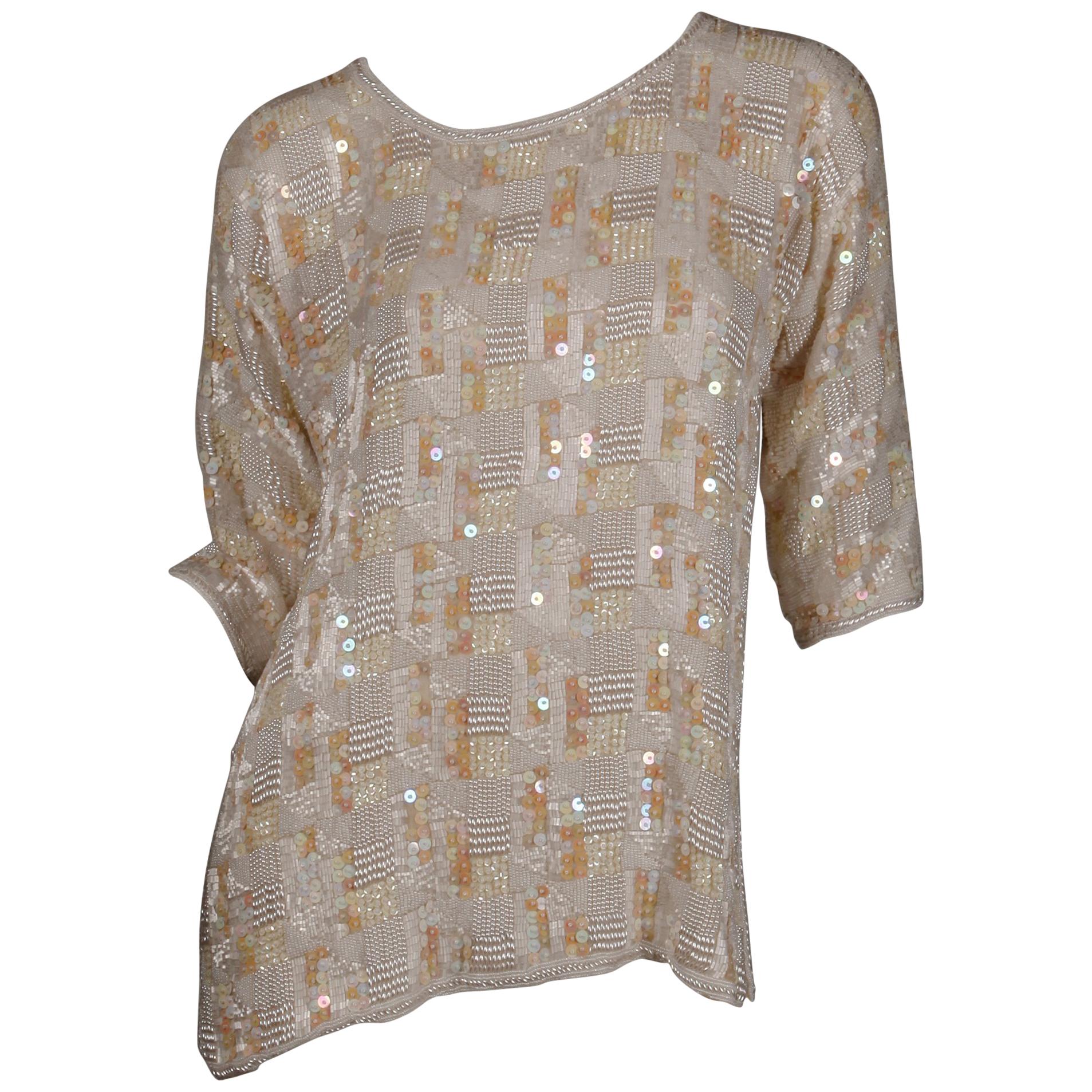 1980s Jenny Lewis Vintage Metallic White Sequin + Pearl Beaded Dress Top/ Shirt en venta