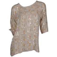 1980s Jenny Lewis Vintage Metallic White Sequin + Pearl Beaded Dress Top/ Shirt