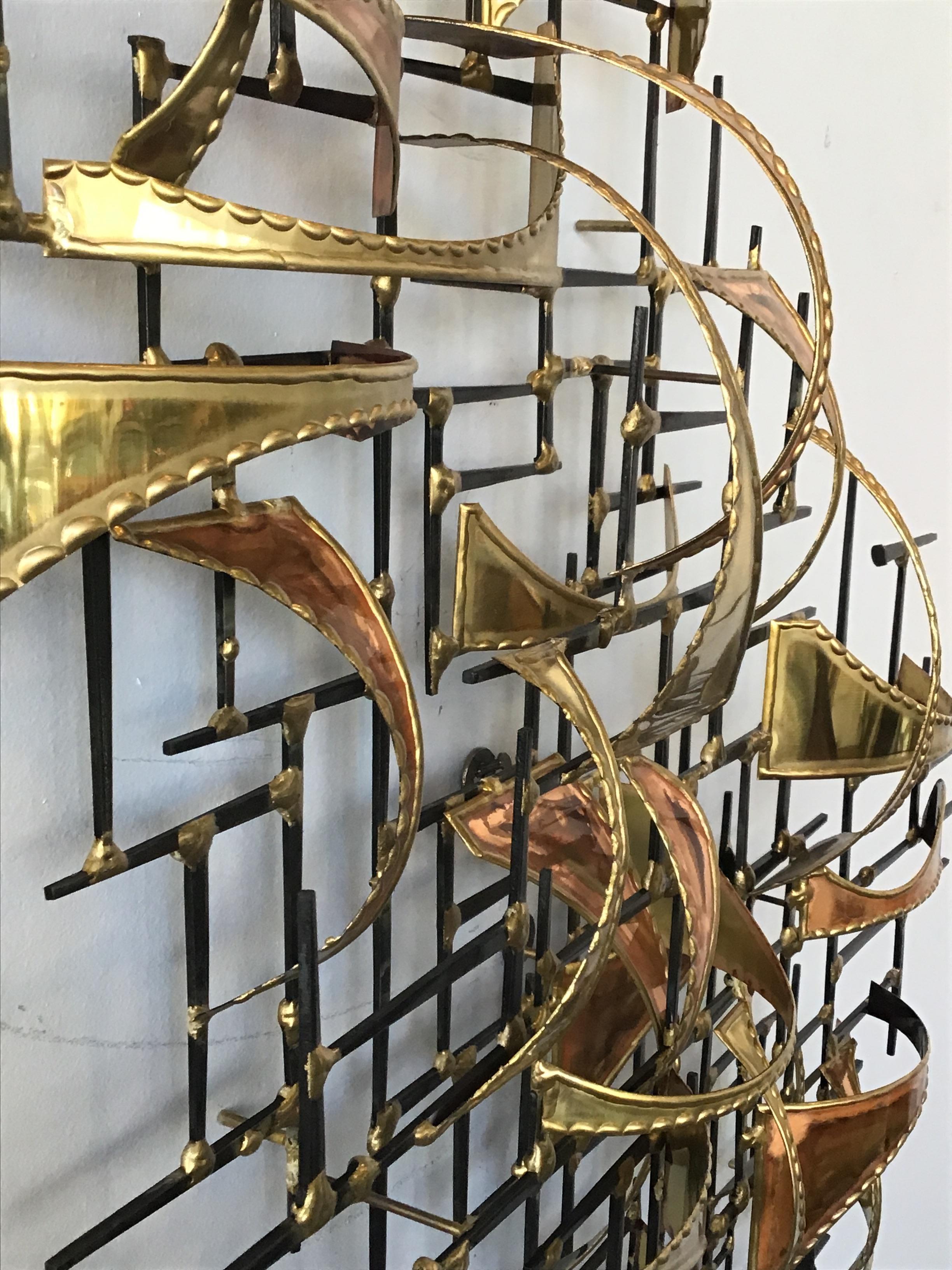 1980s Jere Style Brass and Copper Abstract Wall Sculpture 6