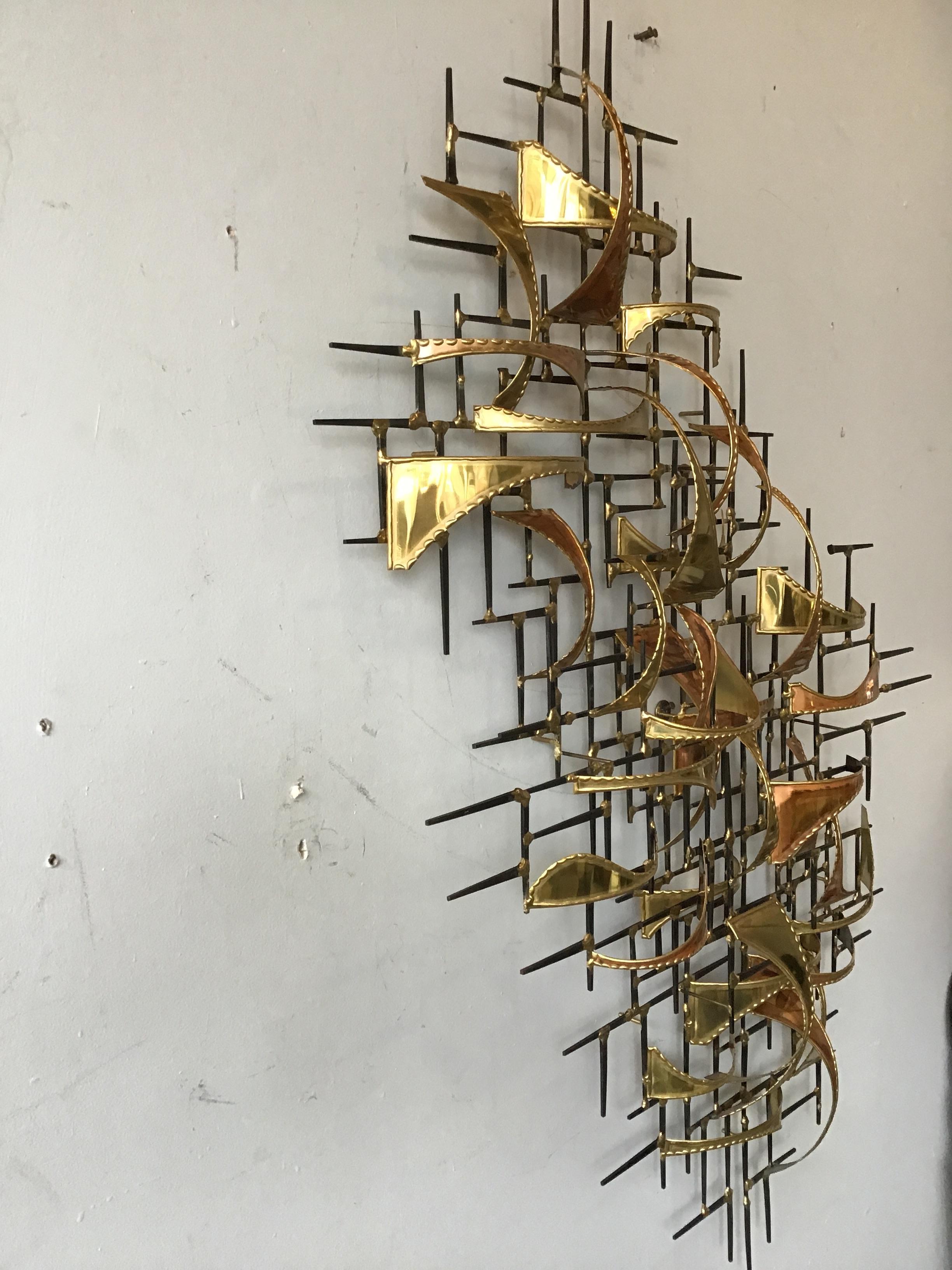 Jere style brass and copper abstract wall sculpture signed Higgins 1981.