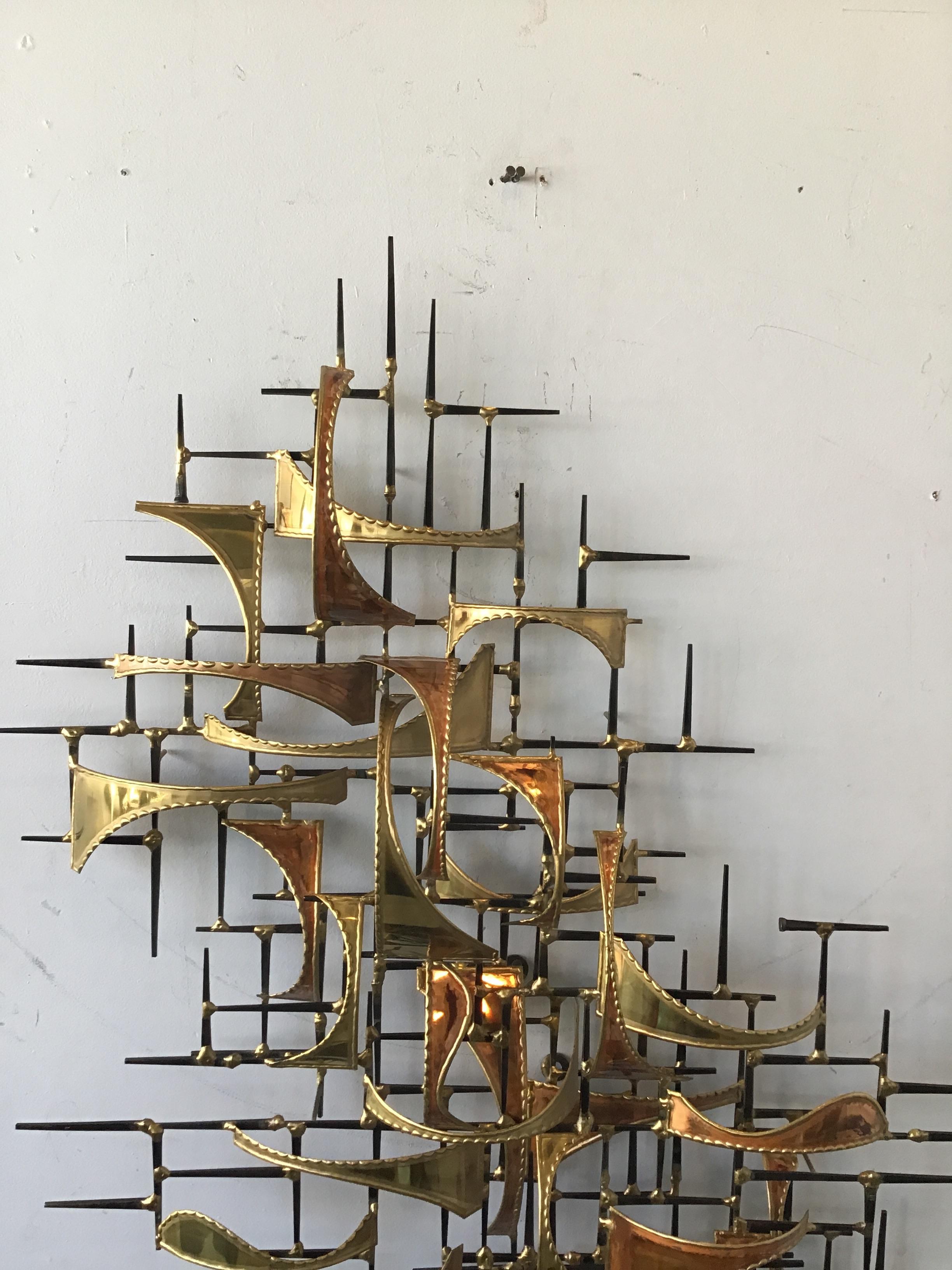 1980s Jere Style Brass and Copper Abstract Wall Sculpture 1