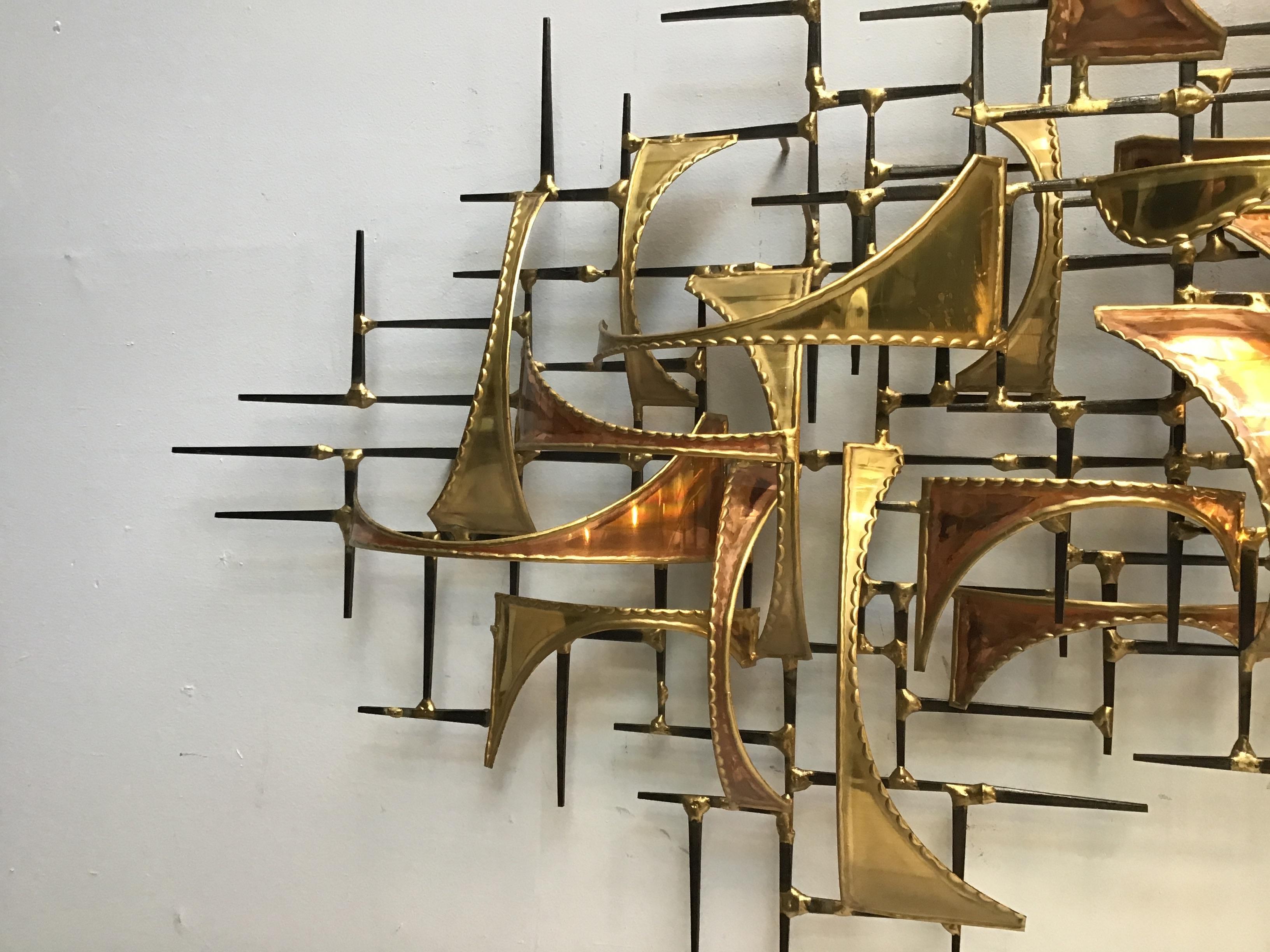 1980s Jere Style Brass and Copper Abstract Wall Sculpture 3