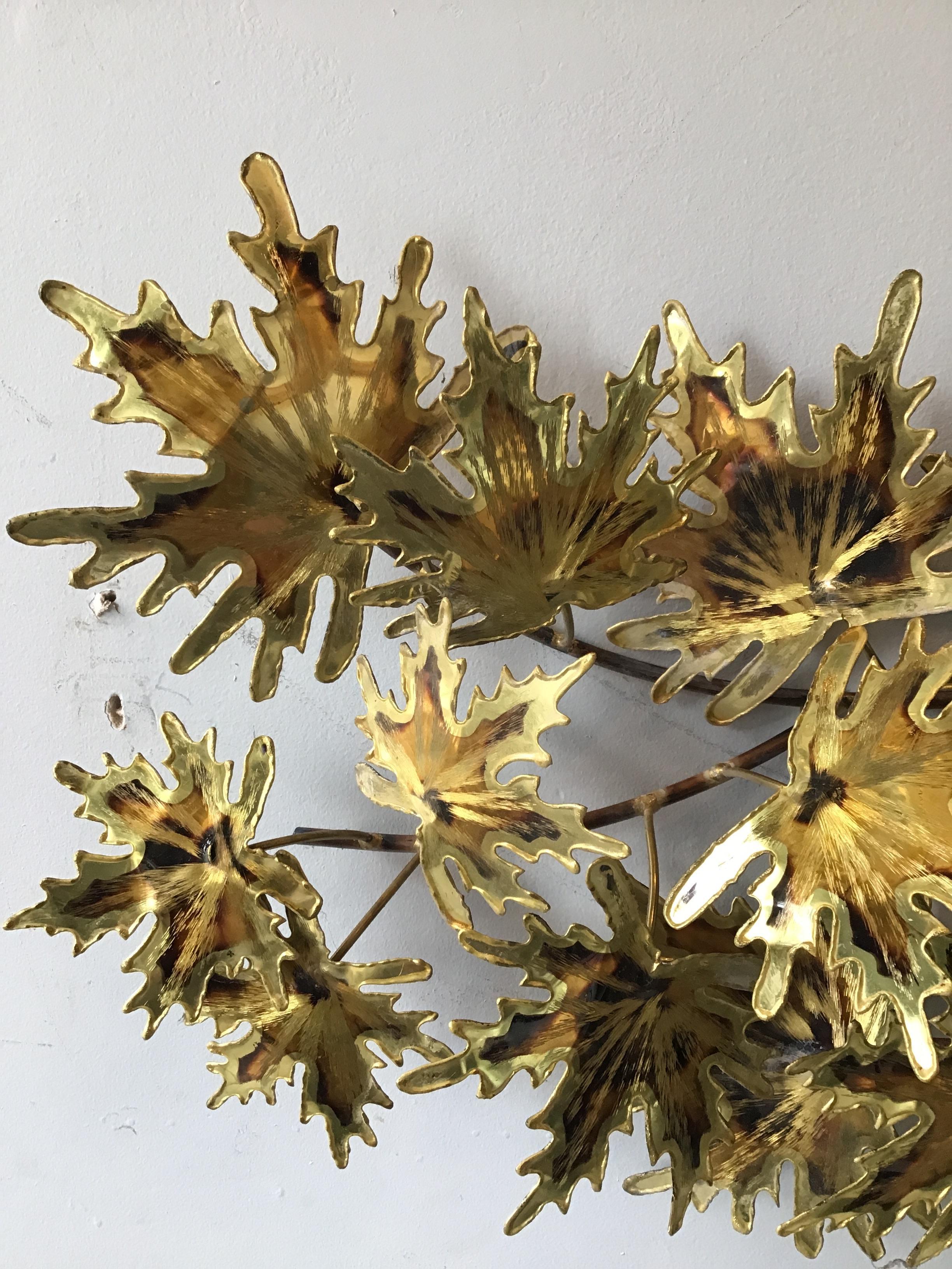 Tin 1980s Jere Style Brass Leaf  Wall Sculprure For Sale