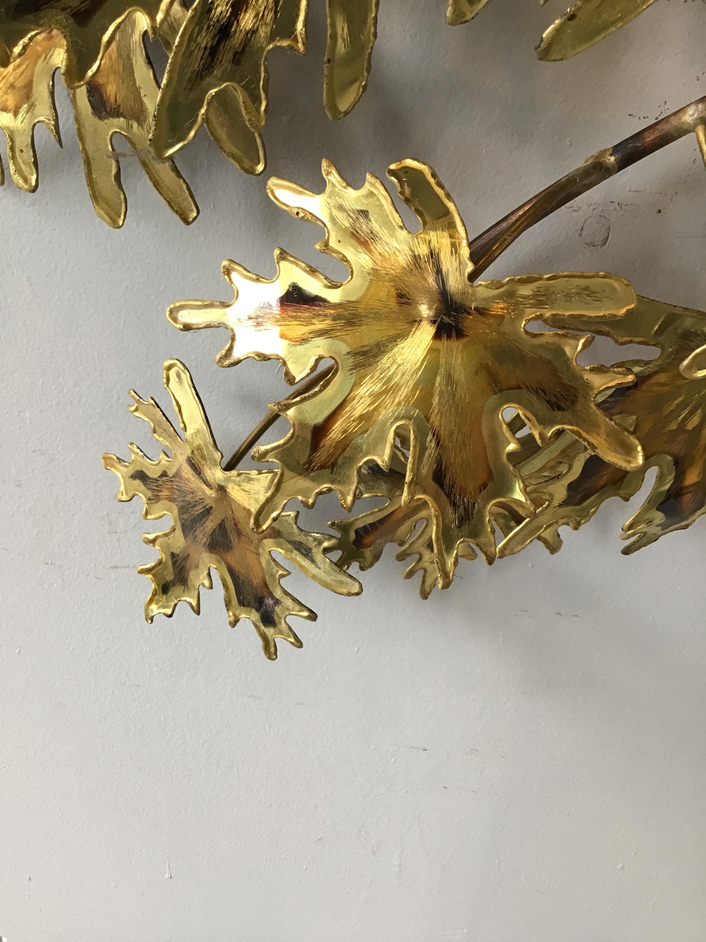 1980s Jere Style Brass Leaf  Wall Sculprure For Sale 3