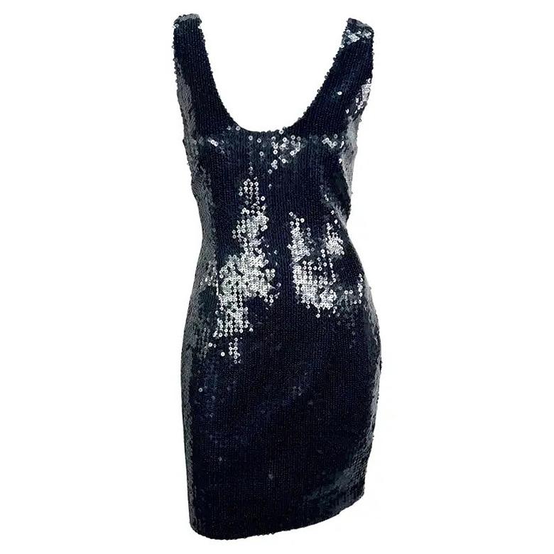 1980er Jil Sander Marineblaues ärmelloses Bodycon-Minikleid mit Pailletten Bodycon im Angebot