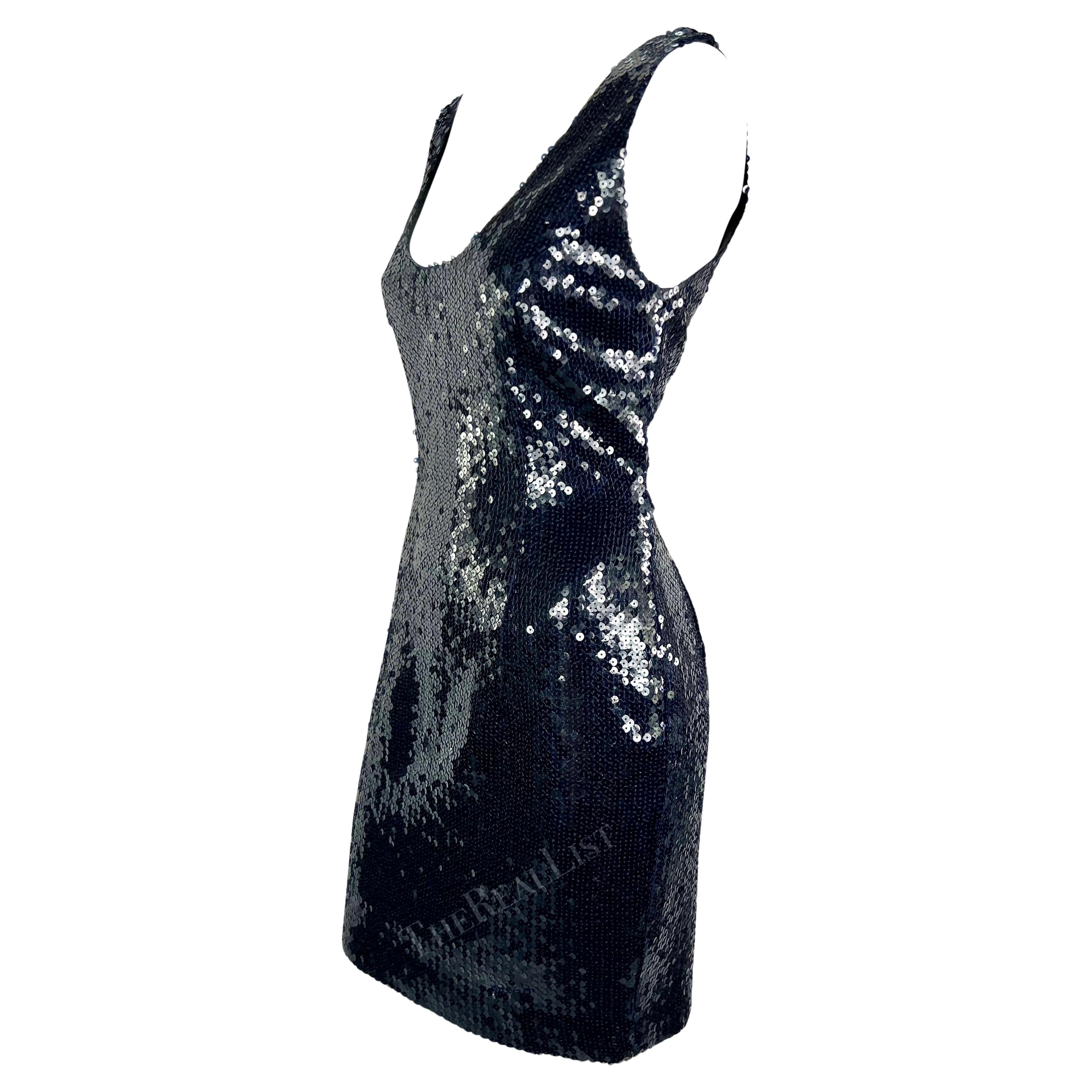1980s Jil Sander Navy Blue Sequin Bodycon Sleeveless Mini Dress In Excellent Condition For Sale In West Hollywood, CA