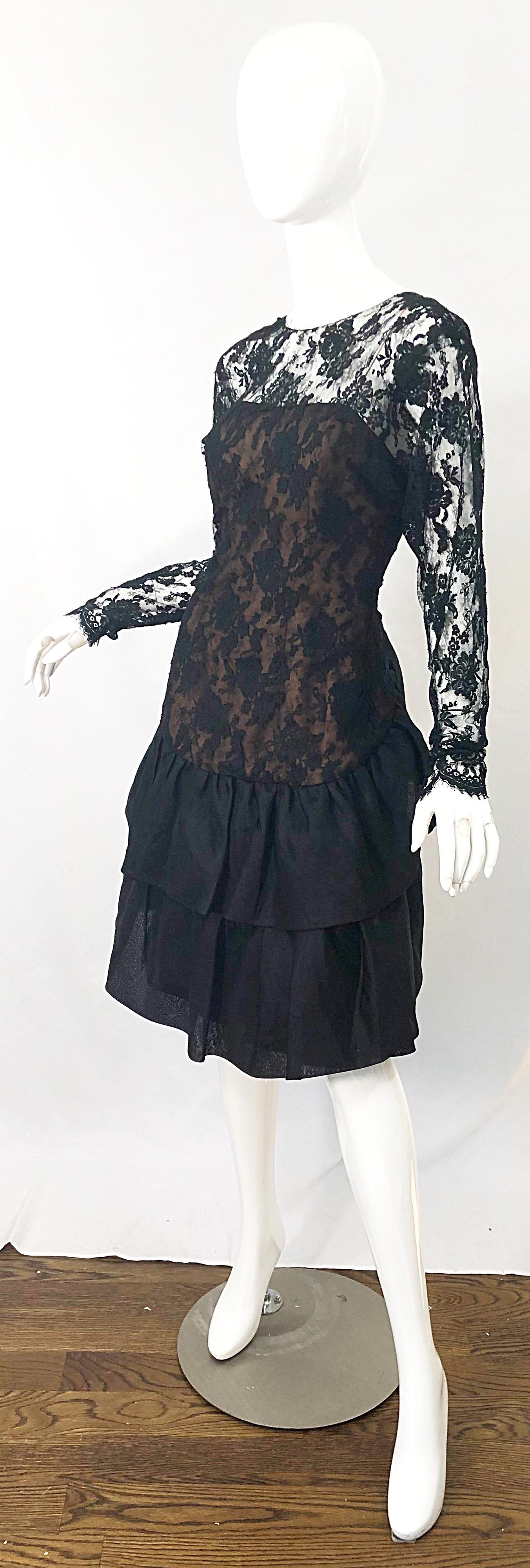 1980s Jill Richards Black + Nude Silk Chiffon French Lace Vintage 80s Dress For Sale 3