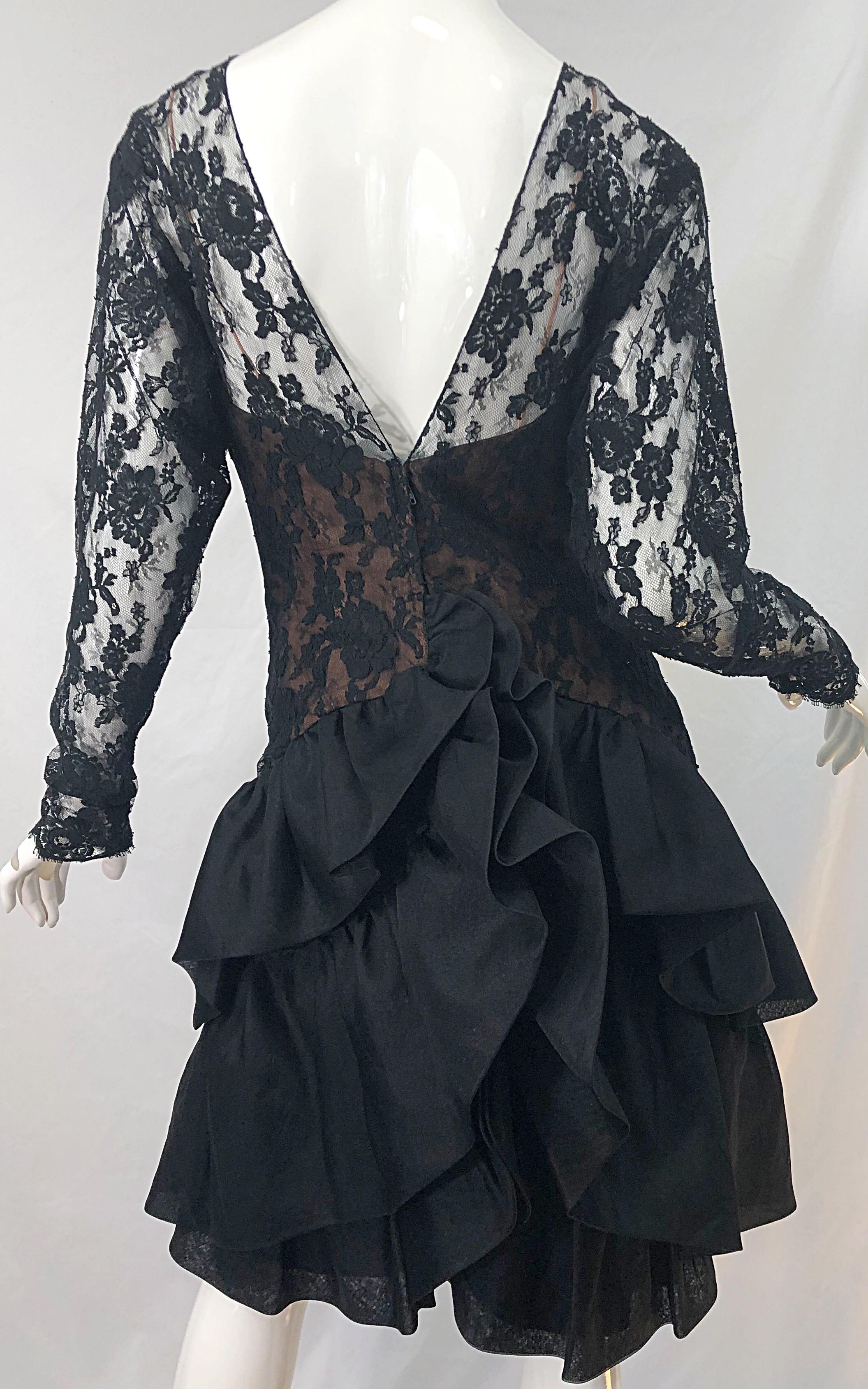 1980s Jill Richards Black + Nude Silk Chiffon French Lace Vintage 80s Dress For Sale 4