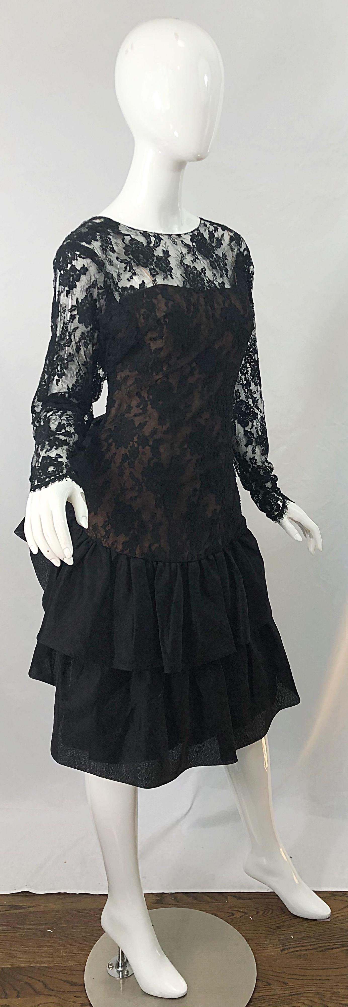 1980s Jill Richards Black + Nude Silk Chiffon French Lace Vintage 80s Dress For Sale 5