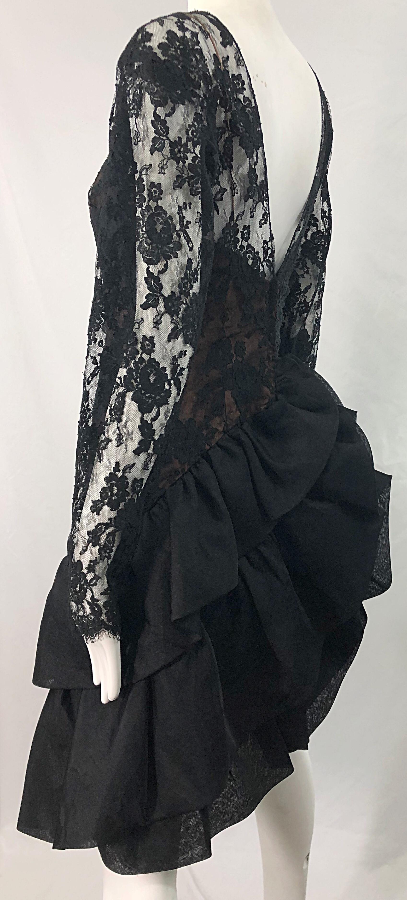 1980s Jill Richards Black + Nude Silk Chiffon French Lace Vintage 80s Dress For Sale 6