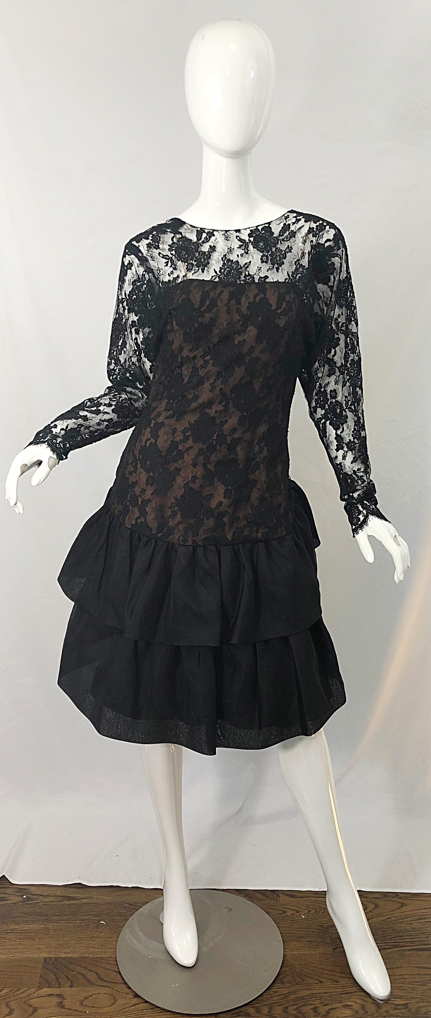 1980s Jill Richards Black + Nude Silk Chiffon French Lace Vintage 80s Dress For Sale 8
