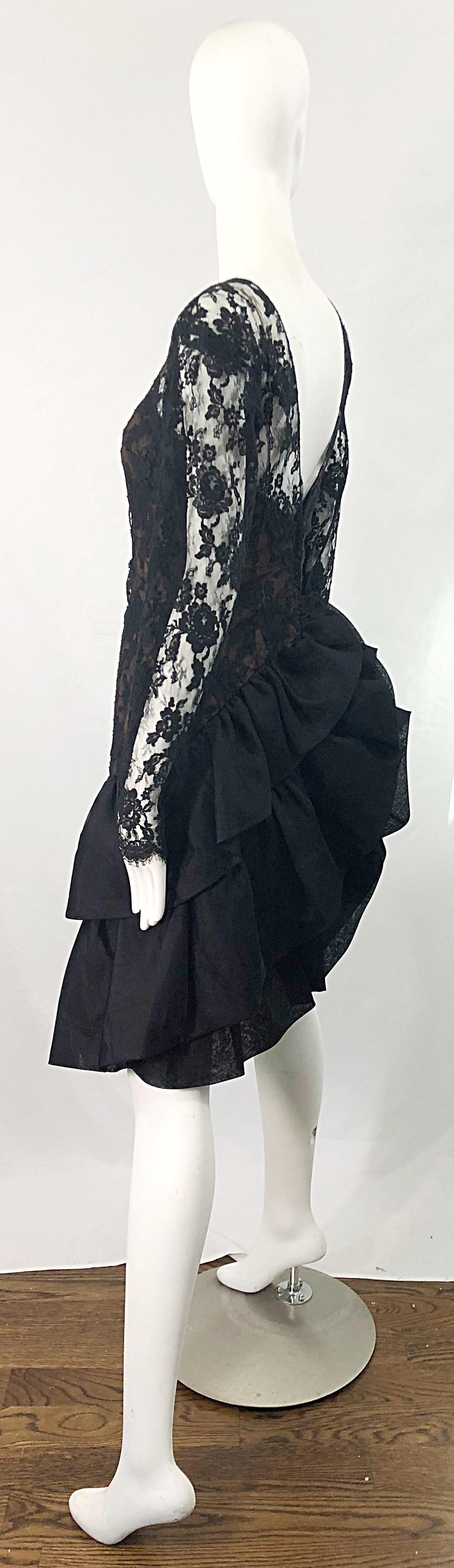 1980s Jill Richards Black + Nude Silk Chiffon French Lace Vintage 80s Dress In Excellent Condition For Sale In San Diego, CA