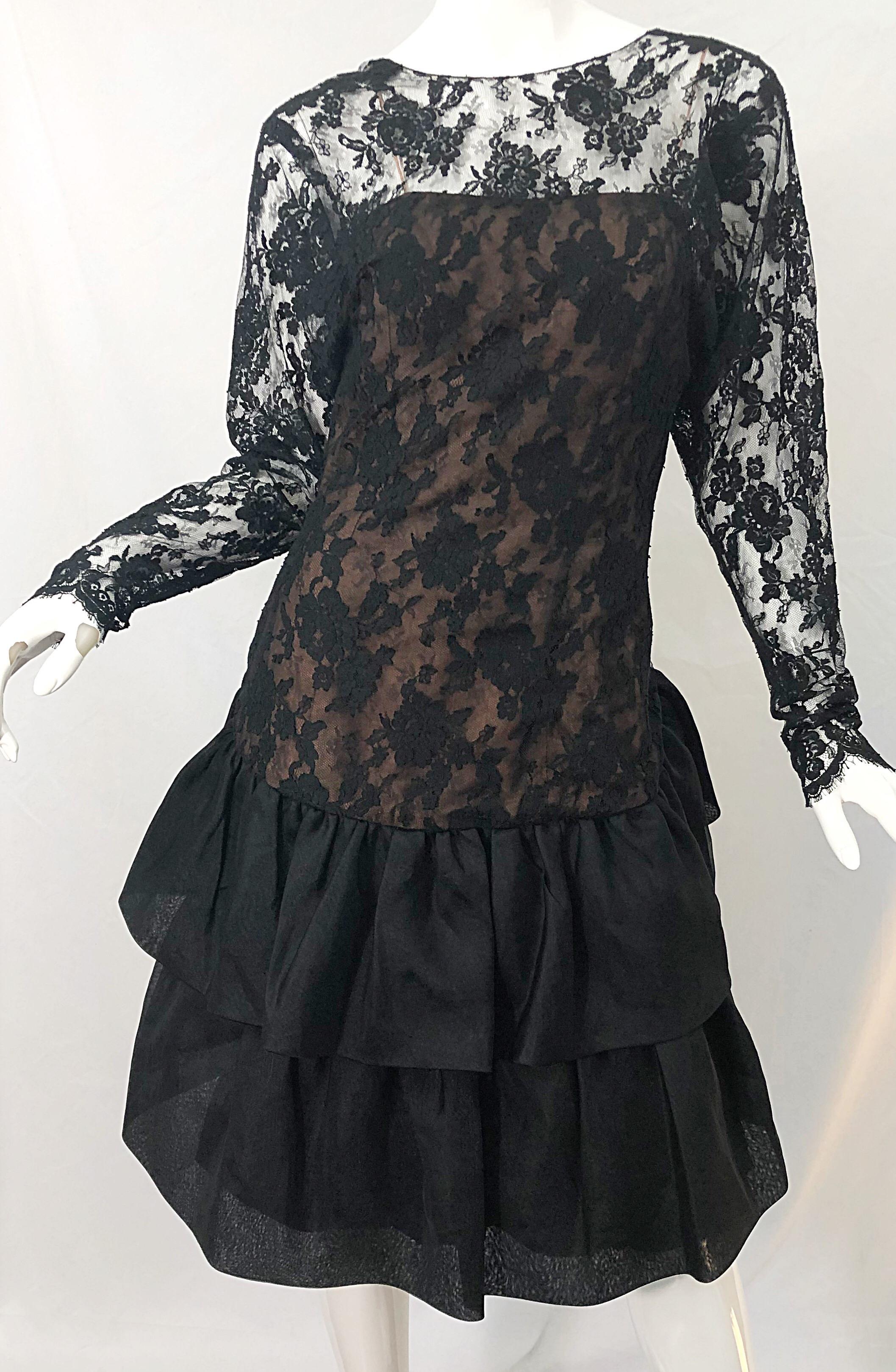 Women's 1980s Jill Richards Black + Nude Silk Chiffon French Lace Vintage 80s Dress For Sale