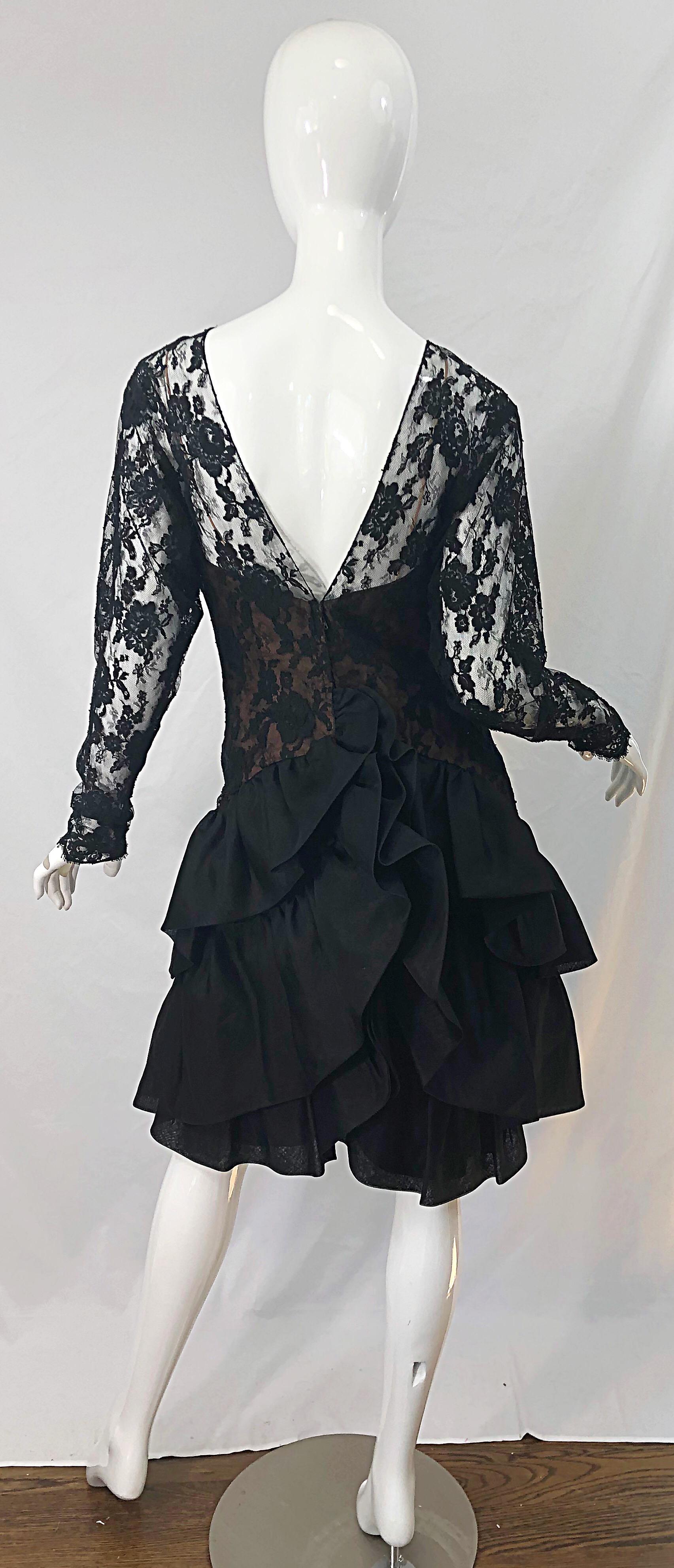 Vestido vintage de los 80 Jill Richards de gasa de seda negro + desnudo en venta 3
